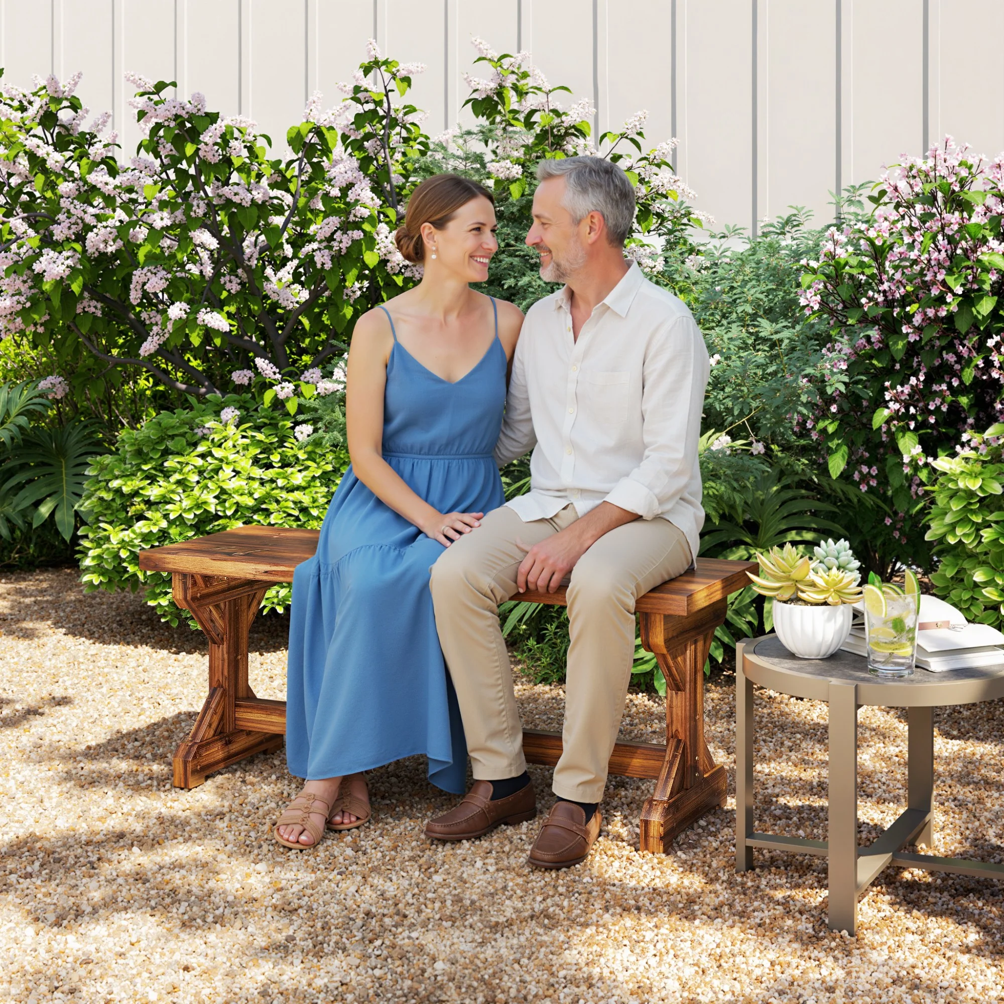Outsunny Wooden Garden Bench, Rustic Backless Outdoor Loveseat, Carbonised - Image 2
