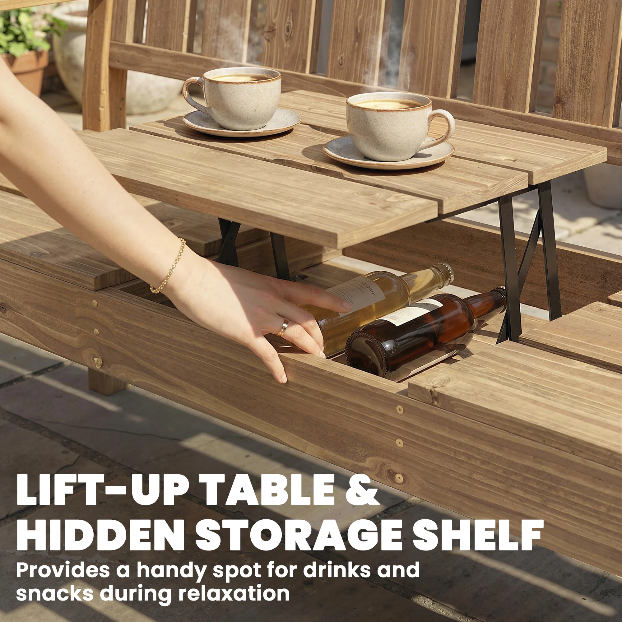 Outsunny Wooden Garden Bench With Table And Hidden Shelf, Teak - Image 4