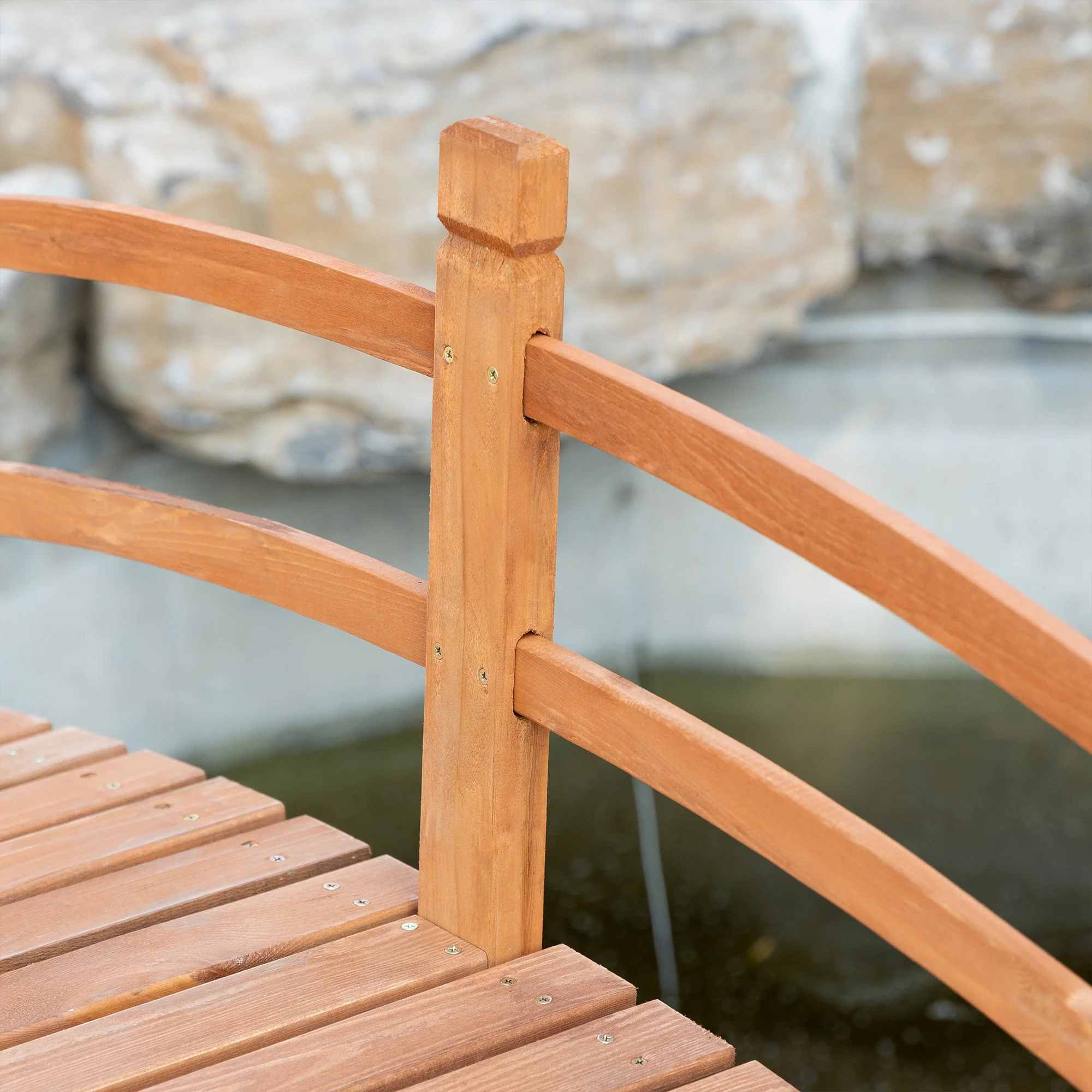 Outsunny Wooden Garden Bridge with Safety Railings, Classic Arc Footbridge - Image 9