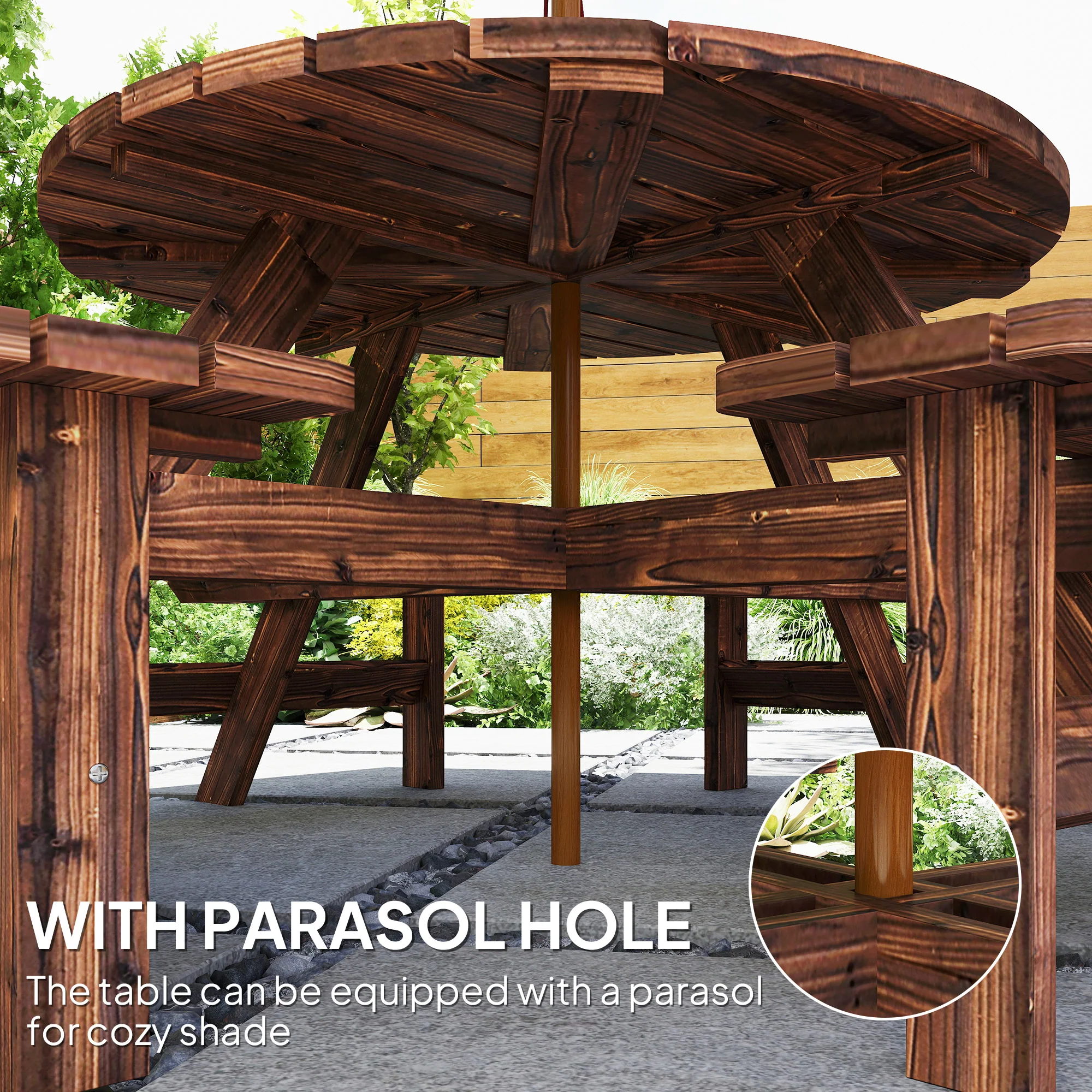 Outsunny Wooden Garden Dining Set With Parasol Hole For Outdoor, Tan - Image 4