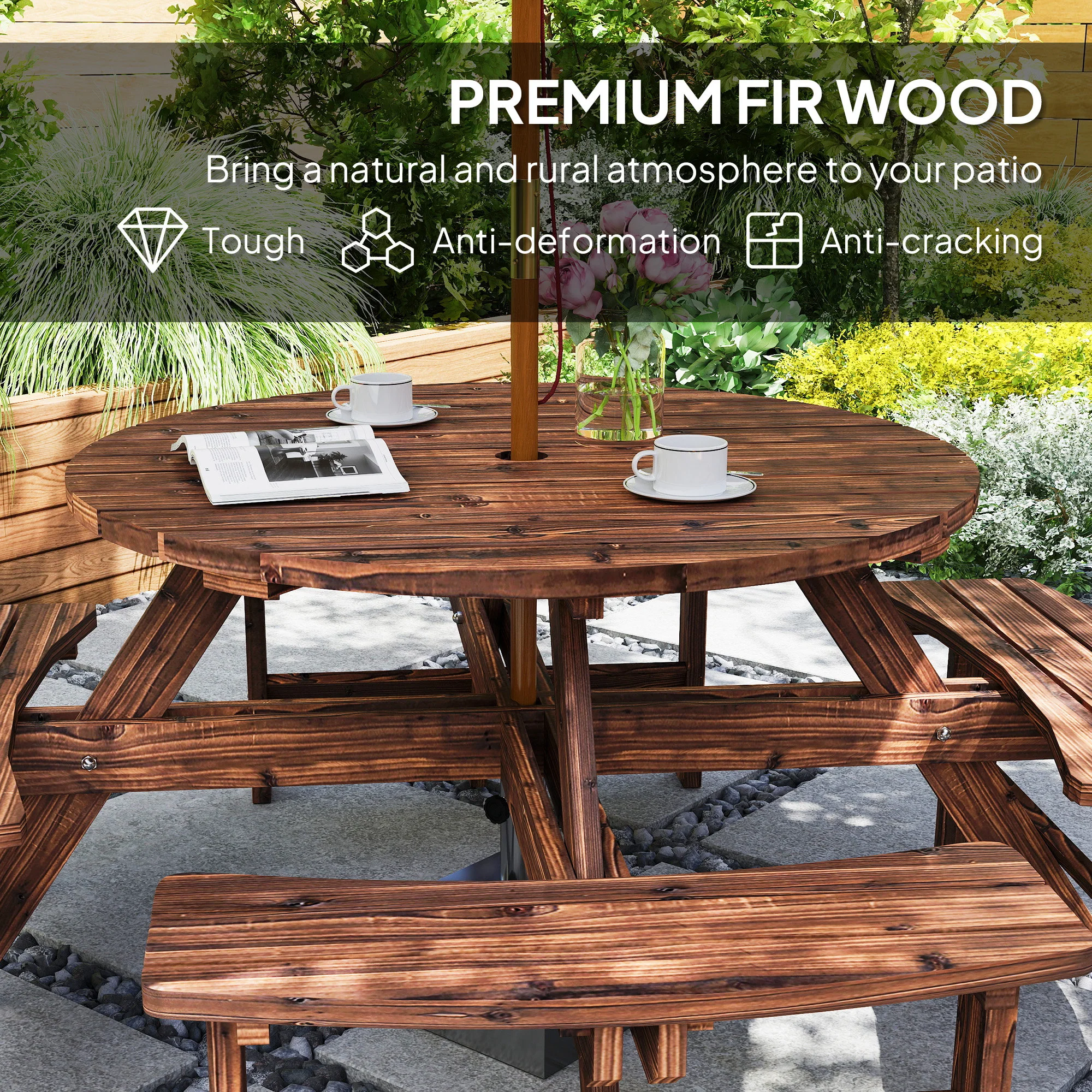 Outsunny Wooden Garden Dining Set With Parasol Hole For Outdoor, Tan - Image 5