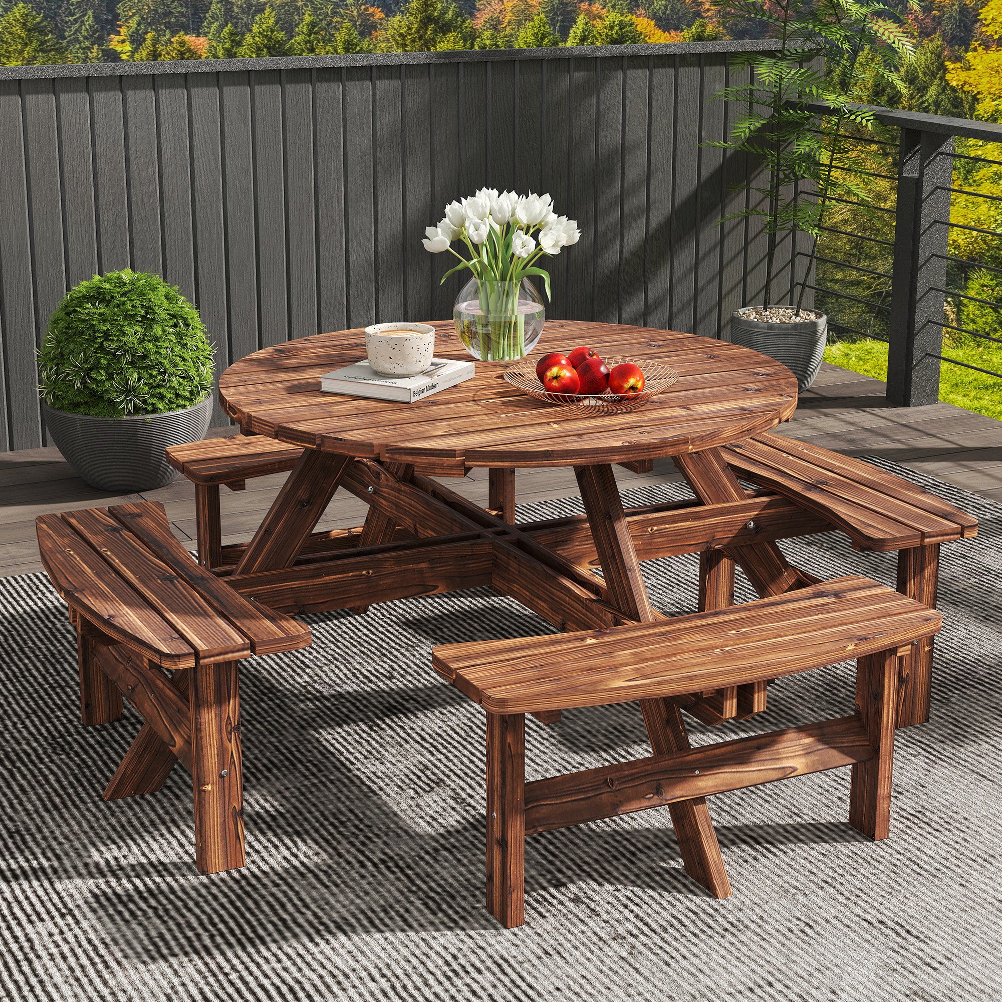 Outsunny Wooden Garden Dining Set With Parasol Hole For Outdoor, Tan - Image 8