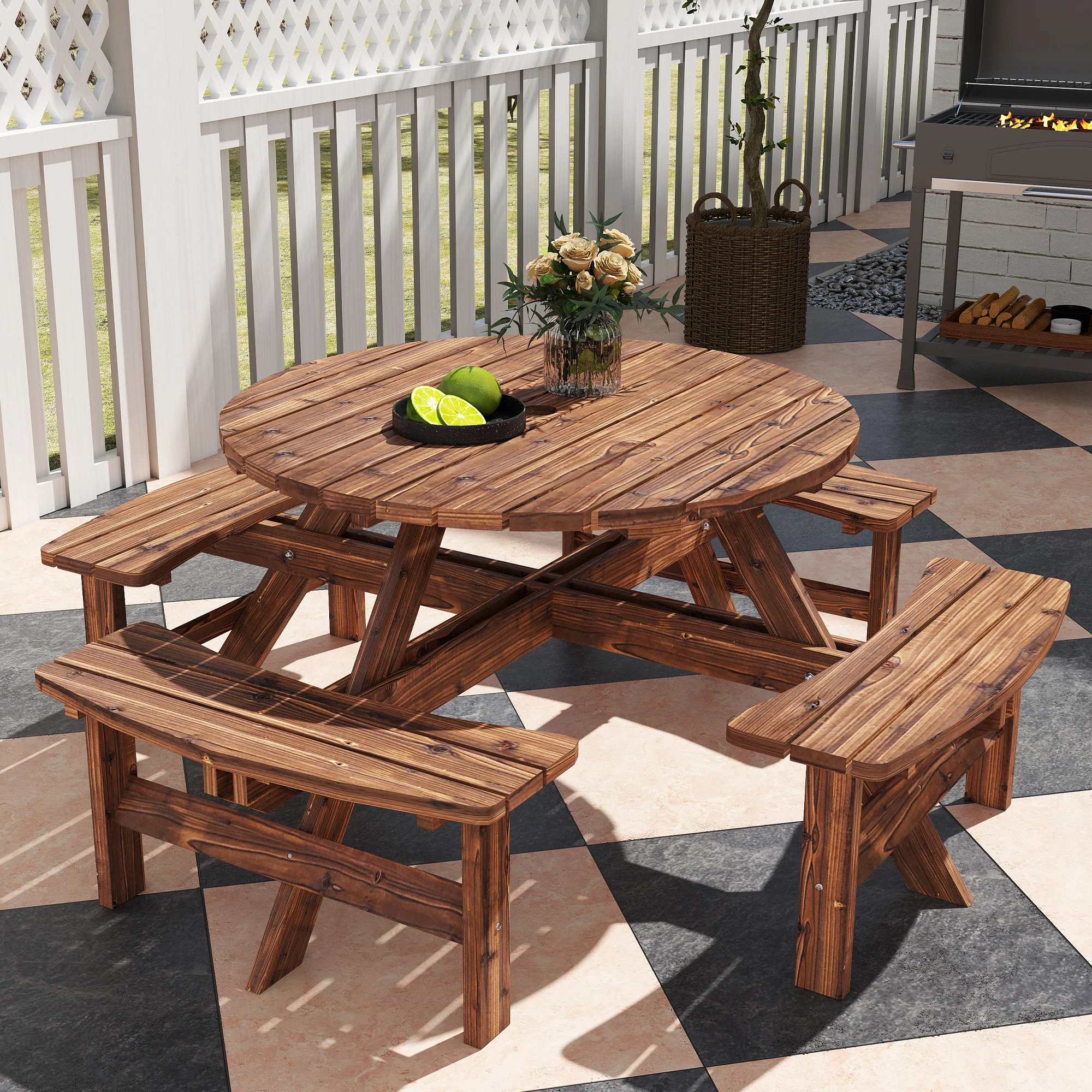 Outsunny Wooden Garden Dining Set With Parasol Hole For Outdoor, Tan - Image 9