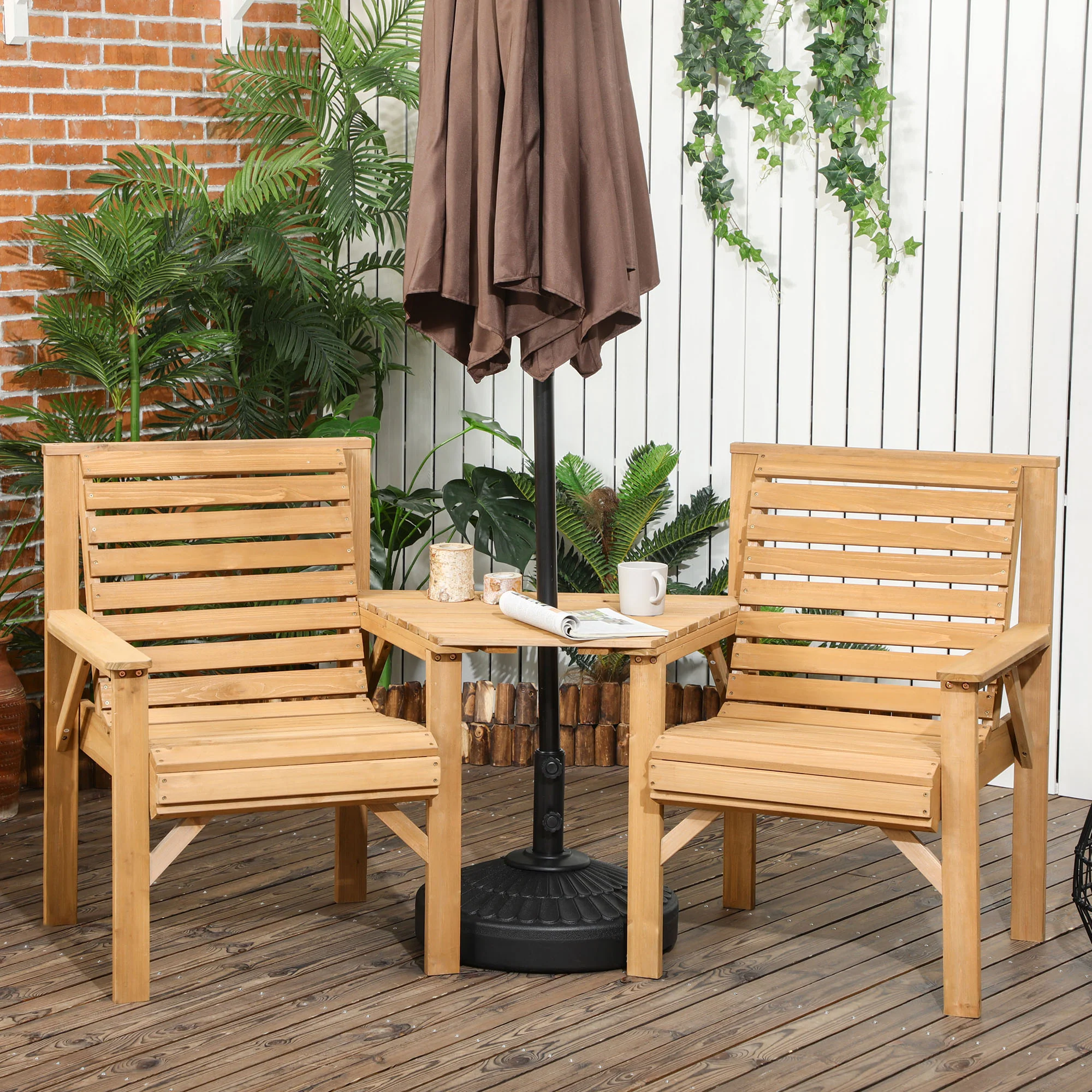 Outsunny Wooden Garden Love Seat W/ Coffee Table Partner Bench Tan Brown - Image 2