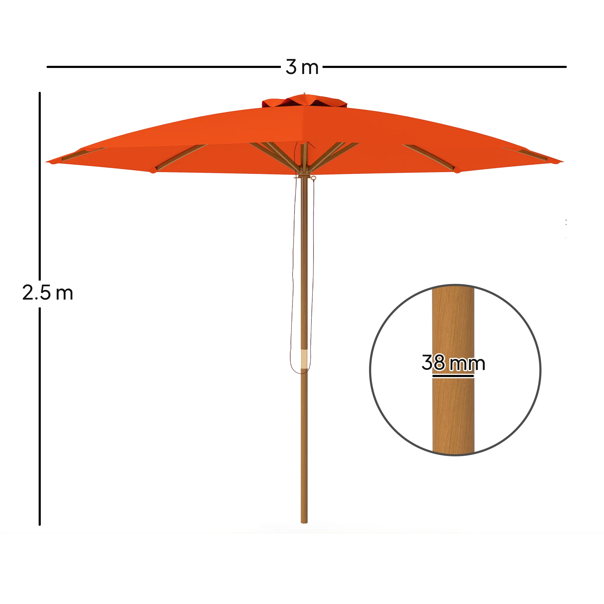 Outsunny Wooden Garden Parasol with Rope Pulley Mechanism and 8 Ribs - Image 14