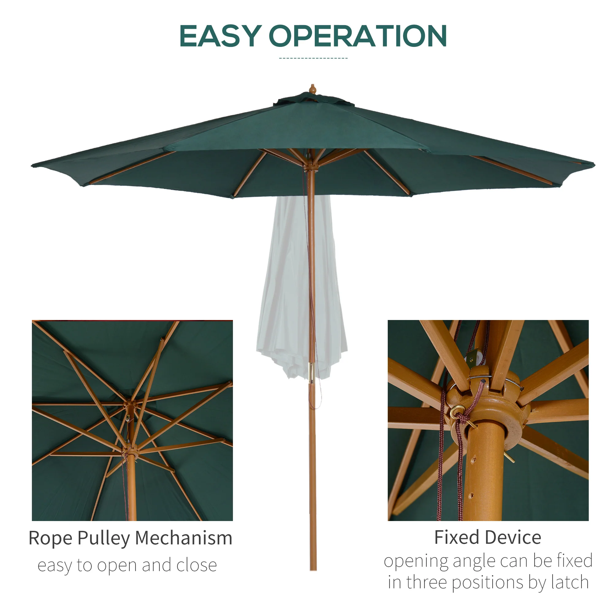 Outsunny Wooden Garden Parasol with Rope Pulley Mechanism and 8 Ribs Dark Green - Image 4