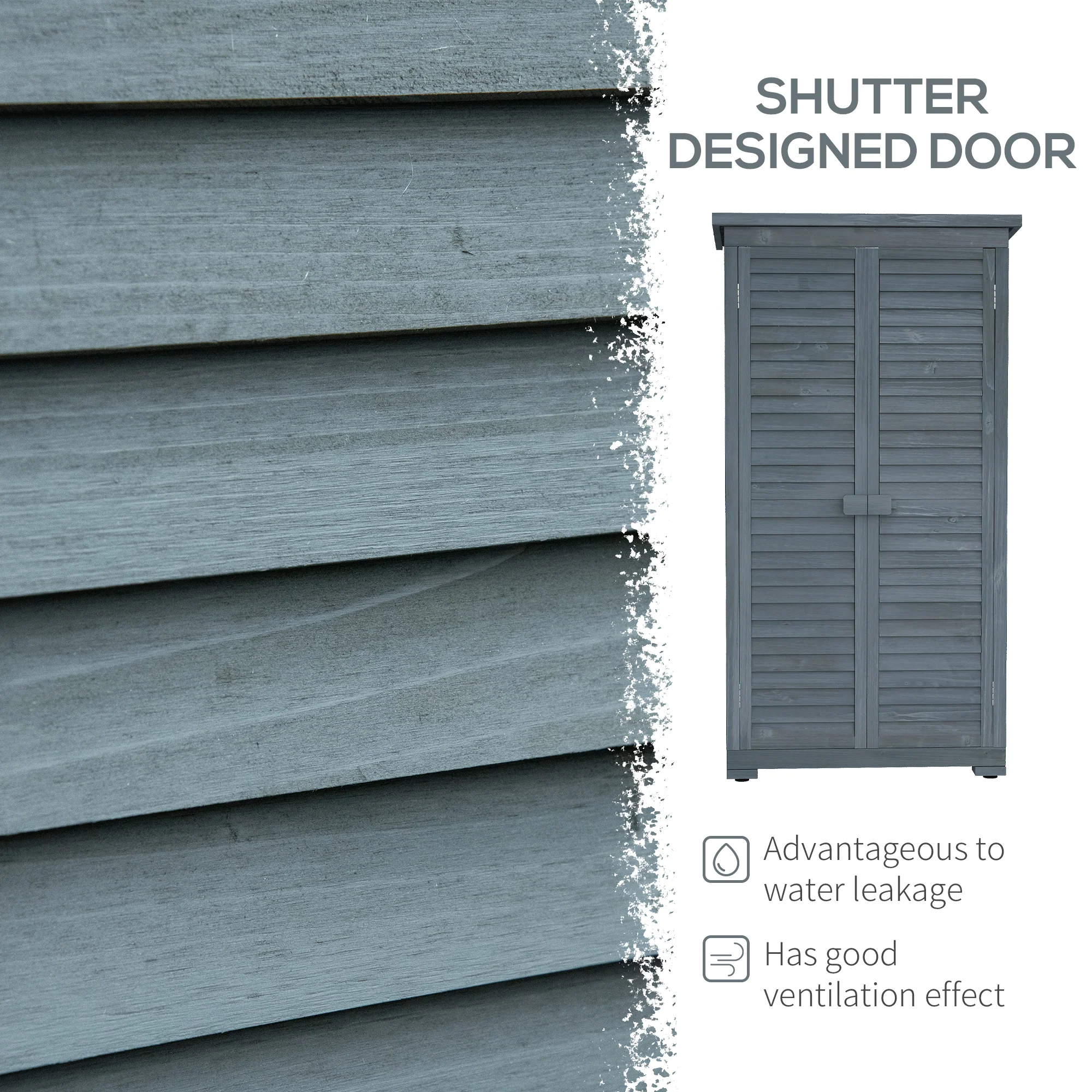 Outsunny Wooden Garden Storage Shed, 3 Shelves Tool Cabinet, Grey - Image 3