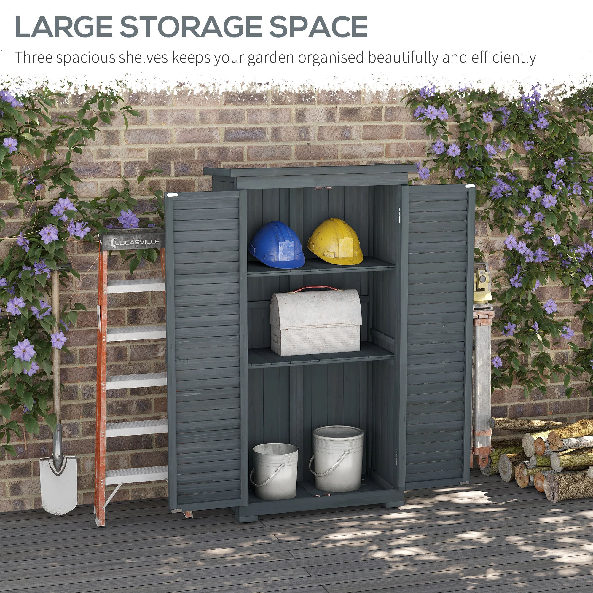 Outsunny Wooden Garden Storage Shed, 3 Shelves Tool Cabinet, Grey - Image 7