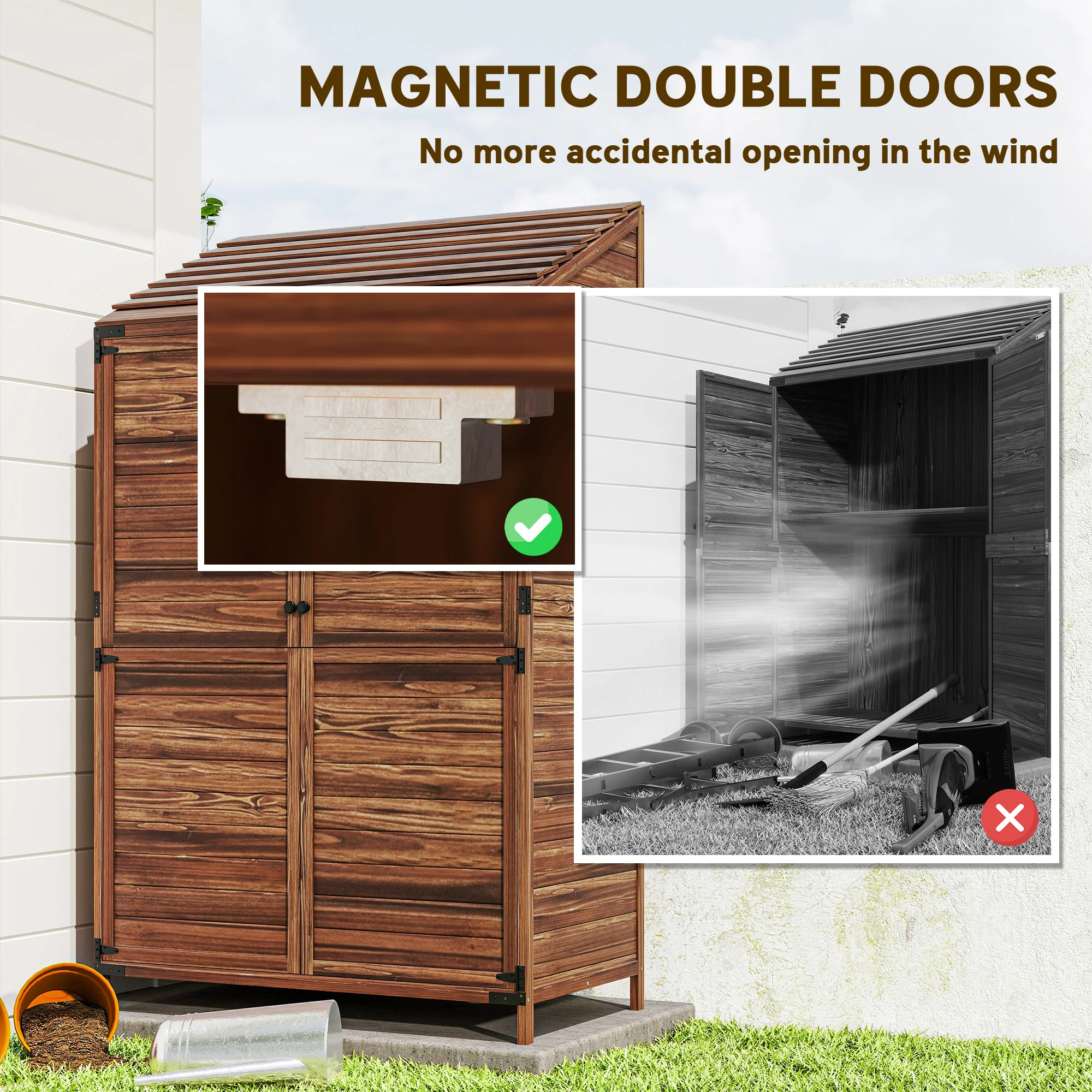 Outsunny Wooden Garden Storage Shed w/Double Doors and Shelves, Mixed-Brown - Image 8