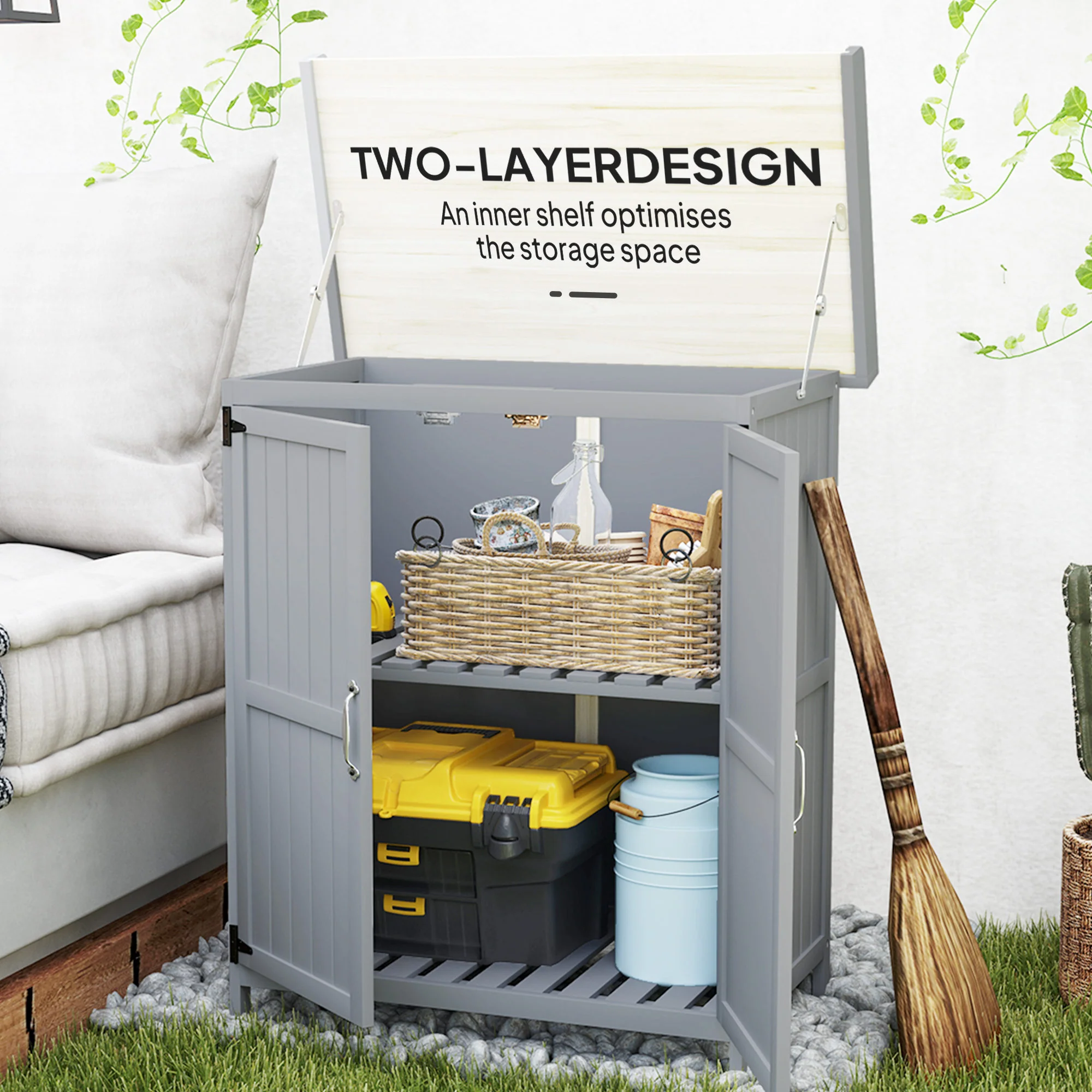 Outsunny Wooden Garden Storage Shed W/Hinged Roof And Shelf, Grey - Image 6