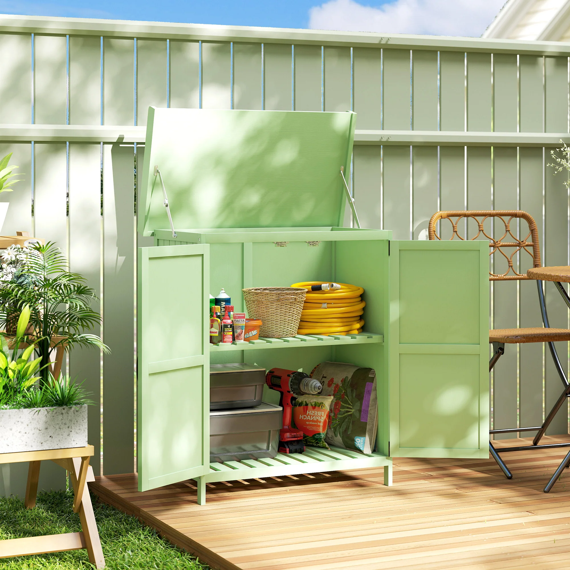 Outsunny Wooden Garden Storage Shed w/Hinged Roof and Shelf, Light Green - Image 2