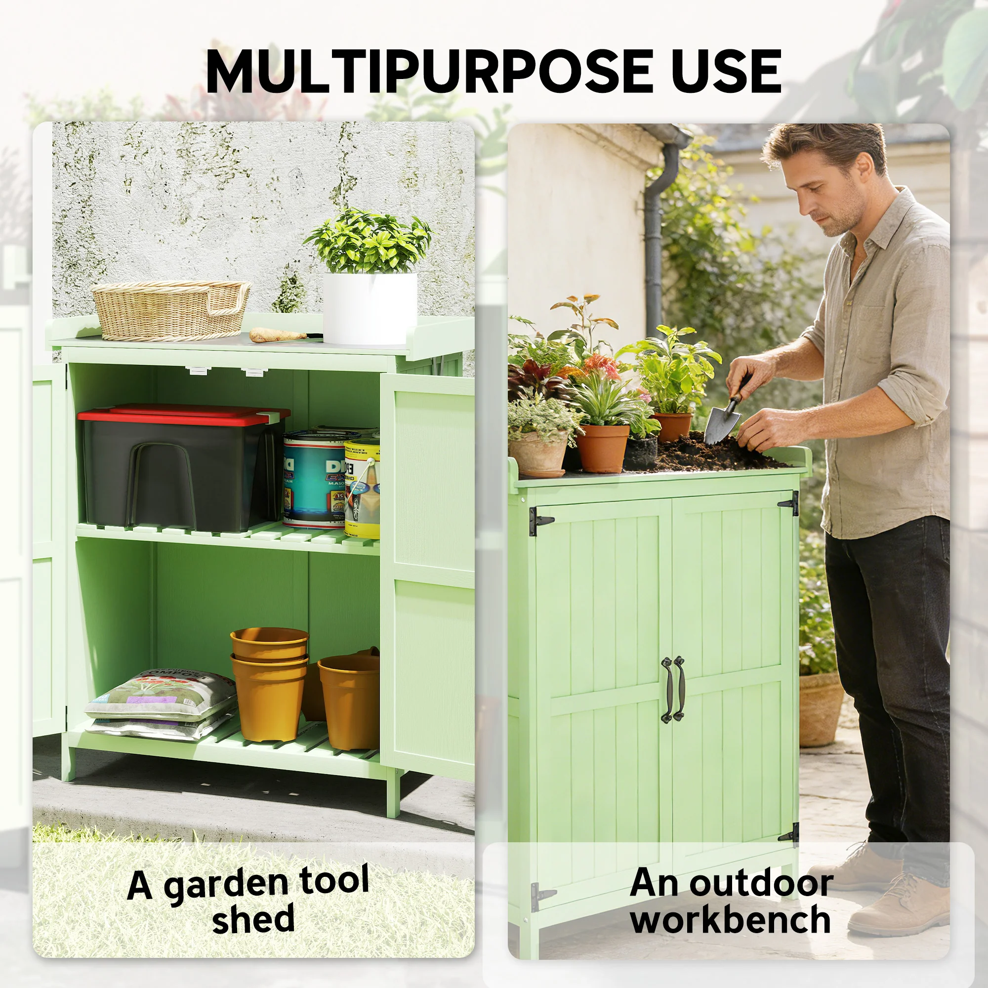 Outsunny Wooden Garden Storage Shed w/Hinged Roof and Shelf, Light Green - Image 3