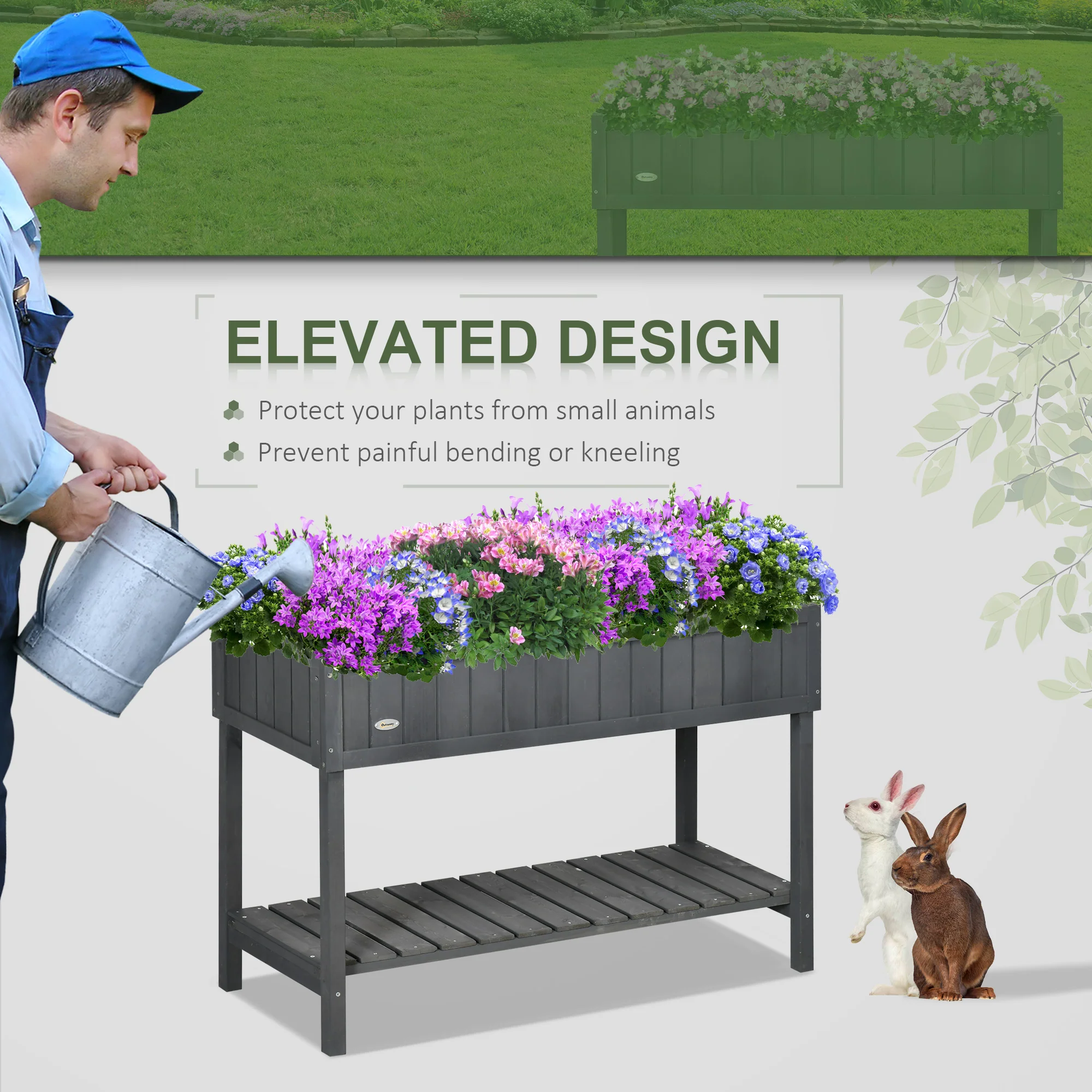 Outsunny Wooden Herb Planter Stand 8 Cubes Bottom Shelf Raised Bed Dark Grey - Image 6