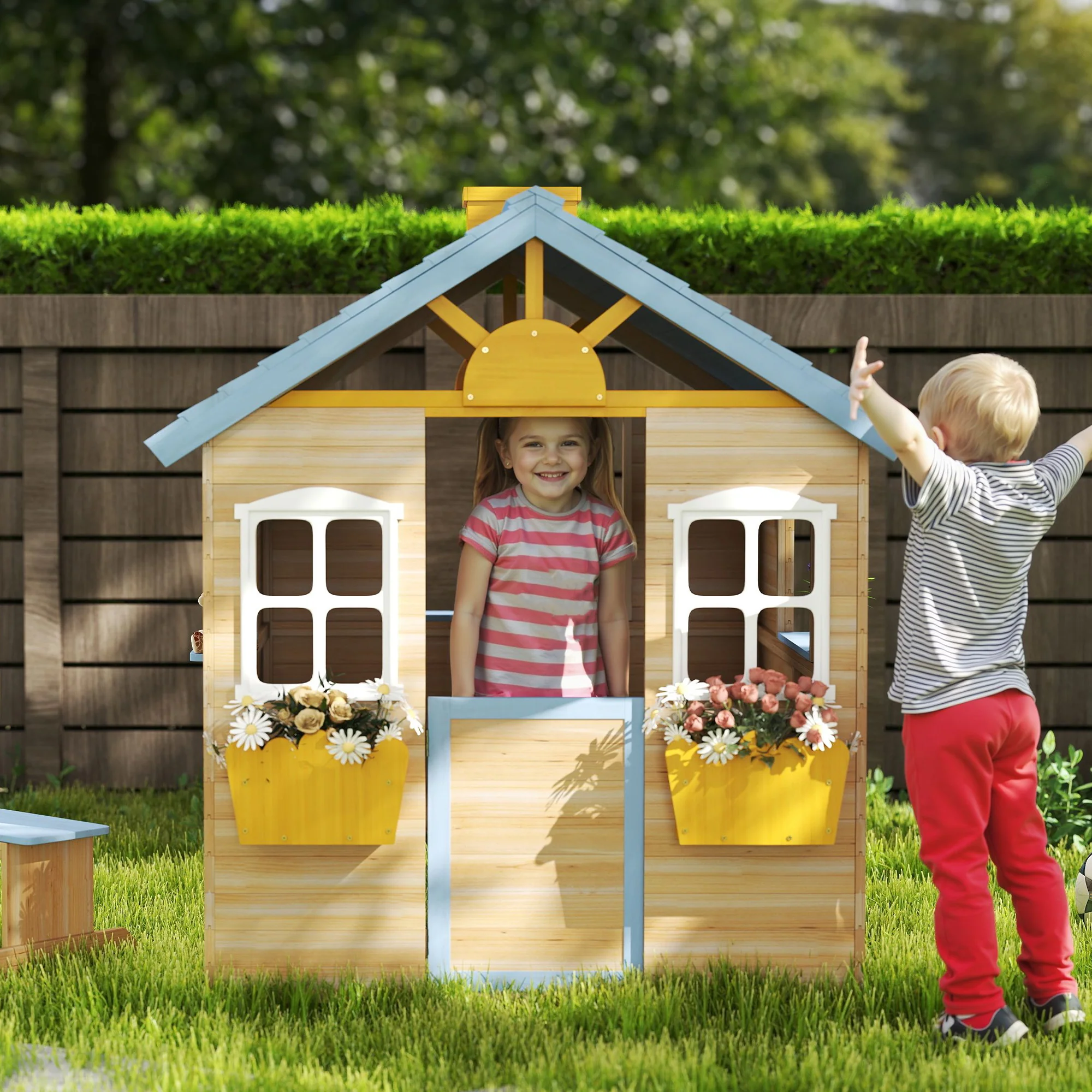 Outsunny Wooden Kids Playhouse W/ Door, Windows, Bench, For 3-7 Years Blue - Image 8