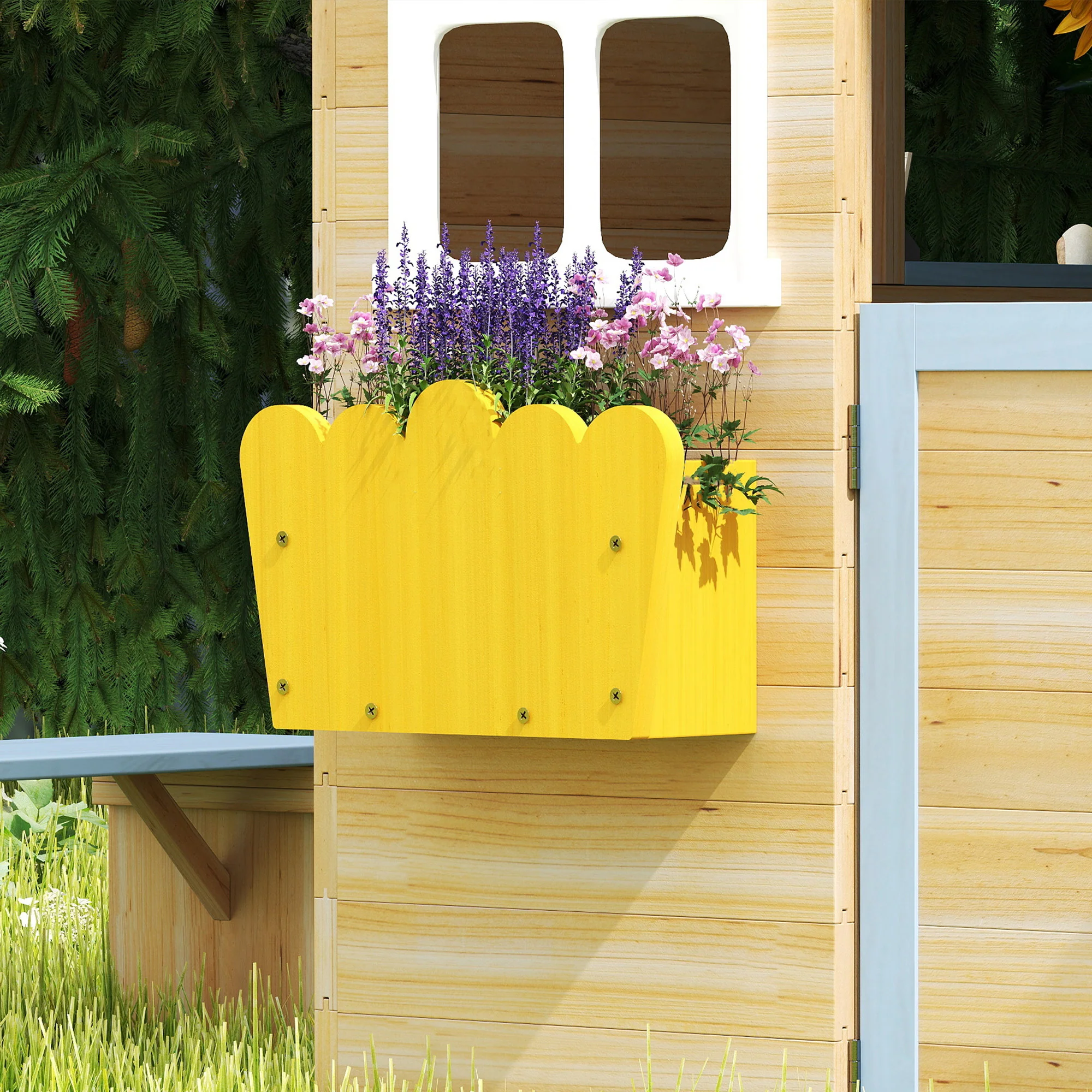Outsunny Wooden Kids Playhouse W/ Door, Windows, Bench, For 3-7 Years Blue - Image 9