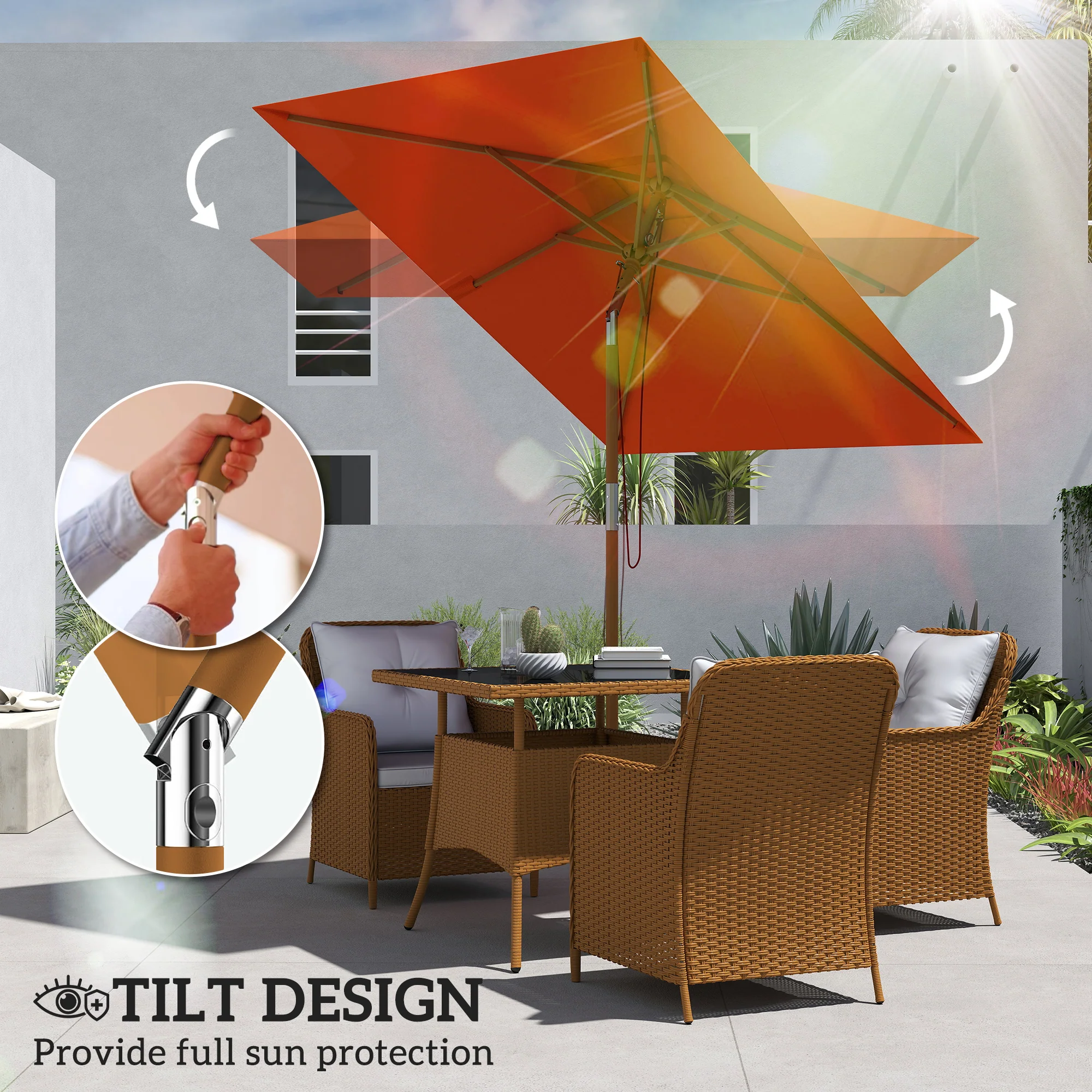 Outsunny Wooden Patio Umbrella Market Parasol Outdoor Sunshade Orange - Image 3