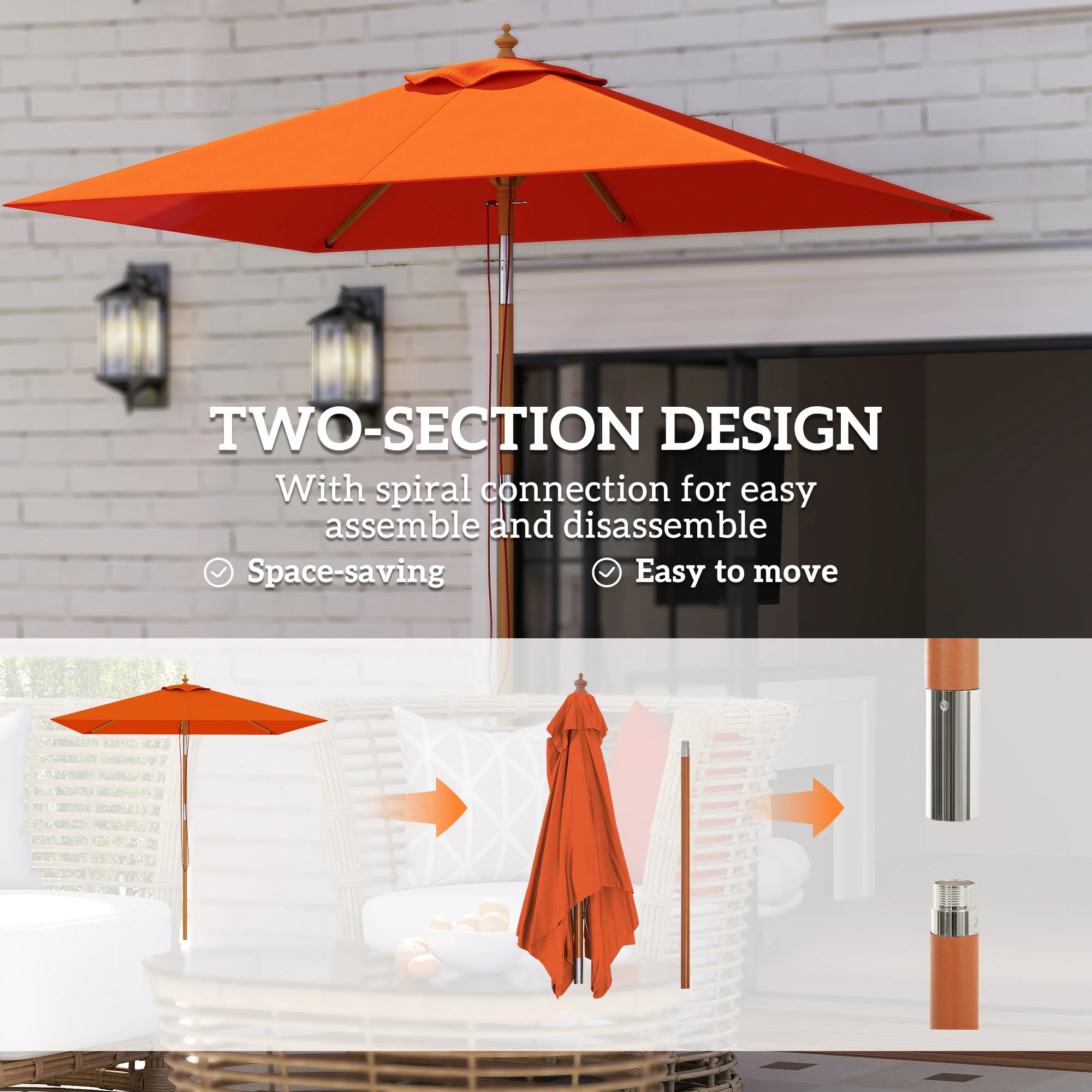 Outsunny Wooden Patio Umbrella Market Parasol Outdoor Sunshade Orange - Image 7