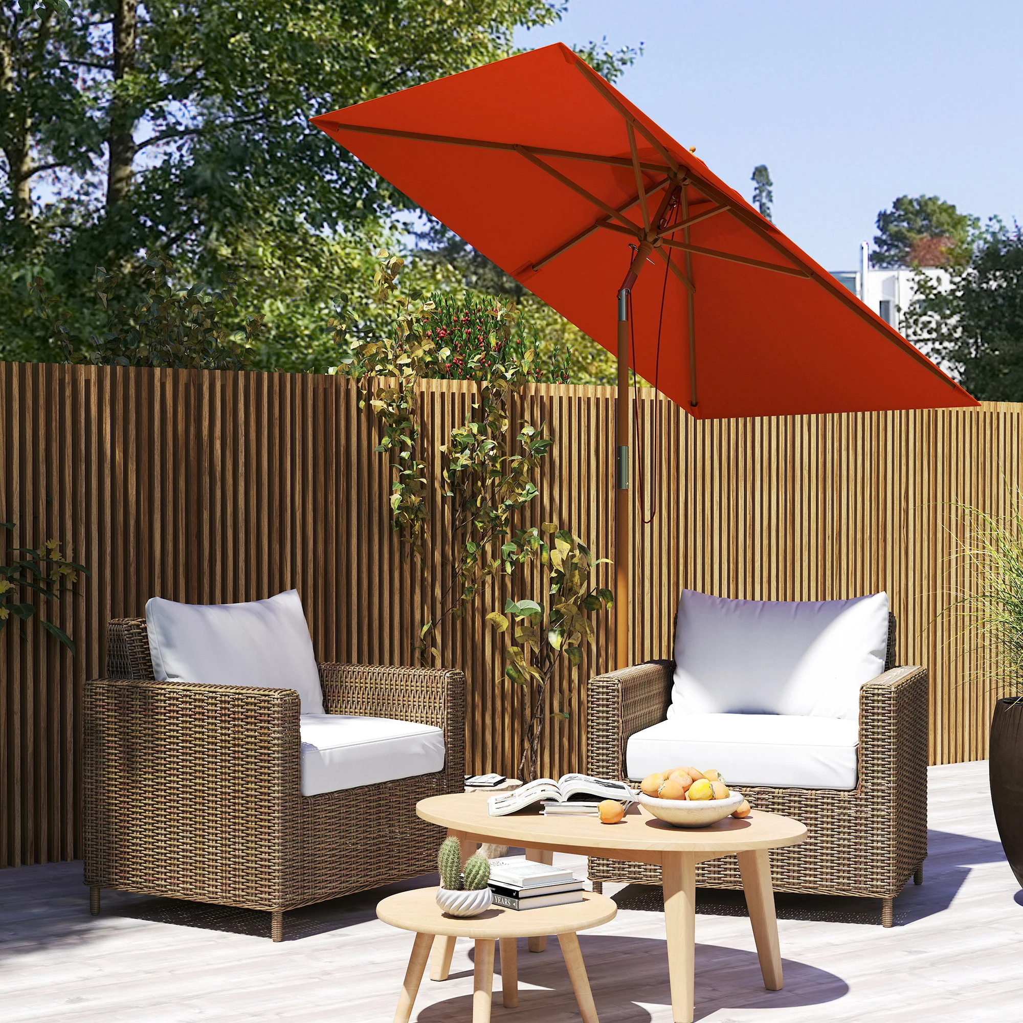 Outsunny Wooden Patio Umbrella Market Parasol Outdoor Sunshade Orange - Image 9