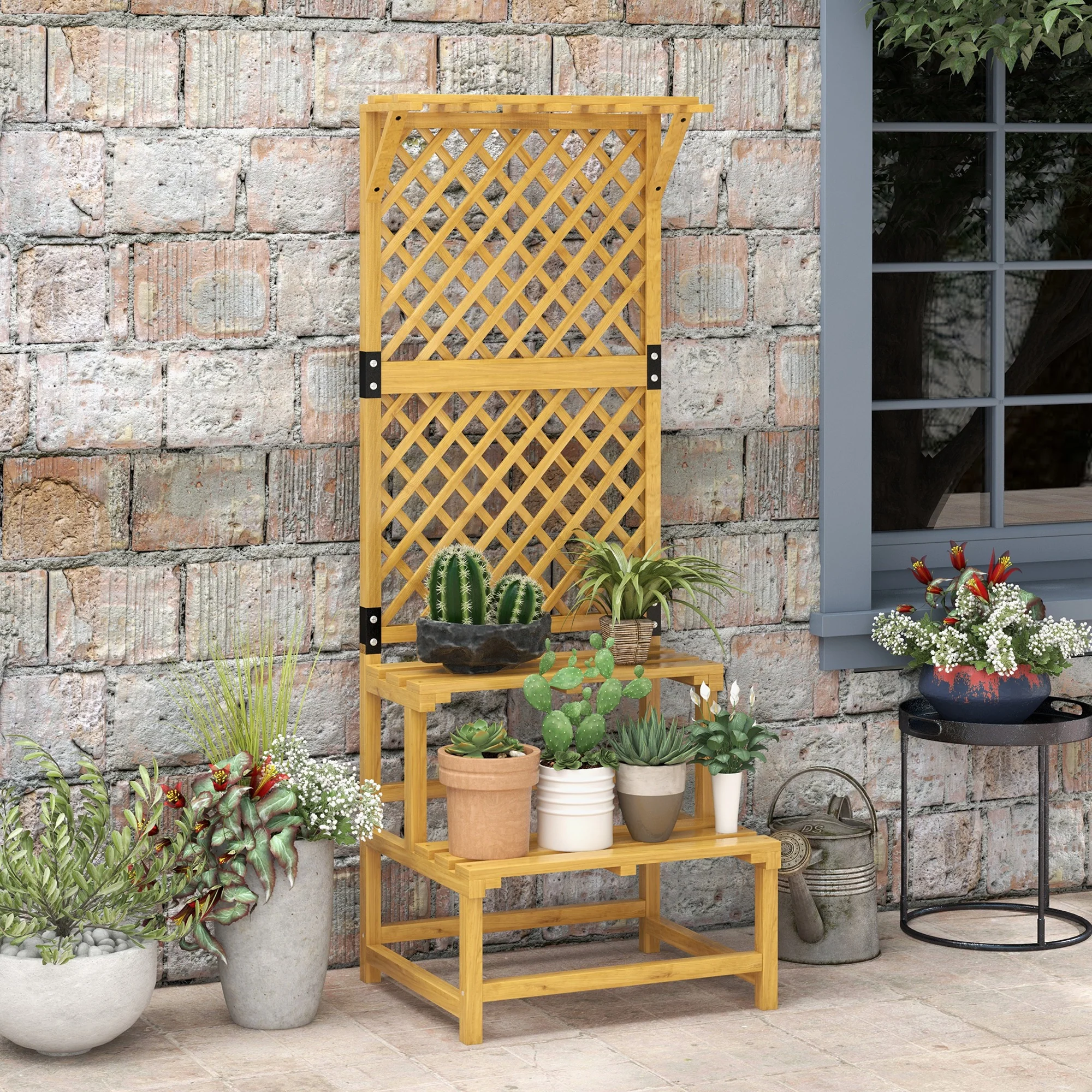 Outsunny Wooden Plant Stand with Trellis for Climbing Plants, Yellow - Image 6