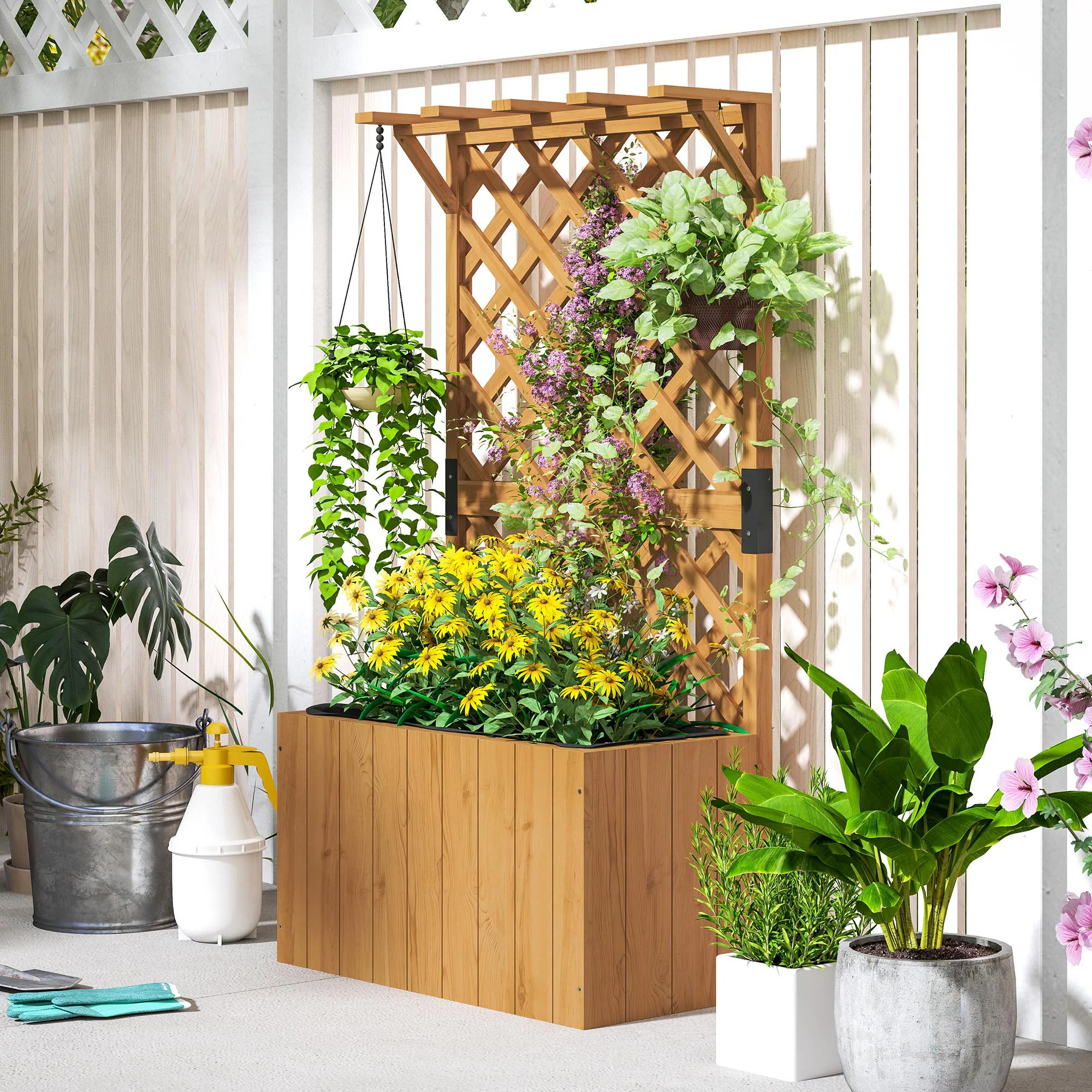 Outsunny Wooden Planter with Trellis and Drainage Holes - Image 7