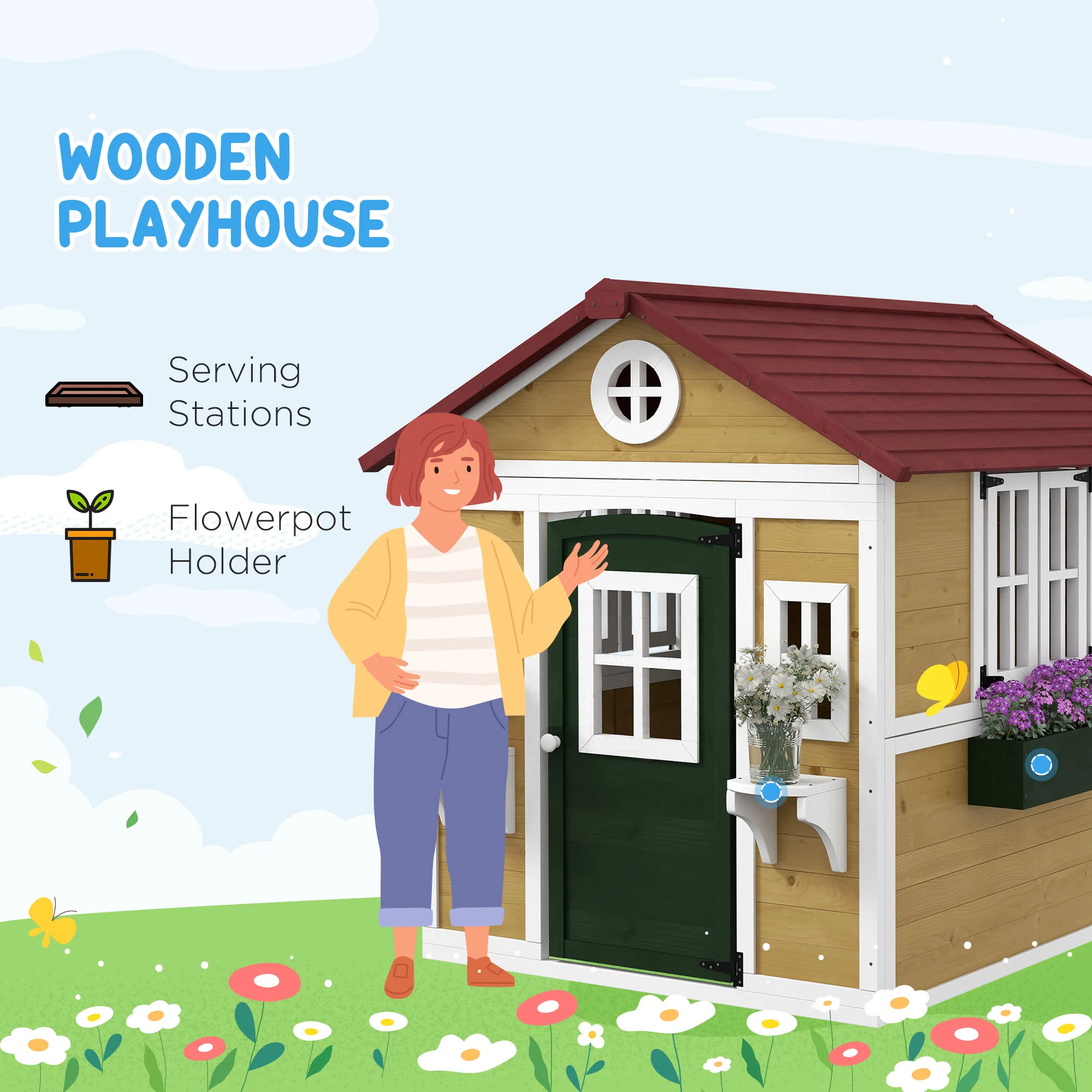 Outsunny Wooden Playhouse with Doors, Wooden, Plant Pots for Kids - Beige - Image 3