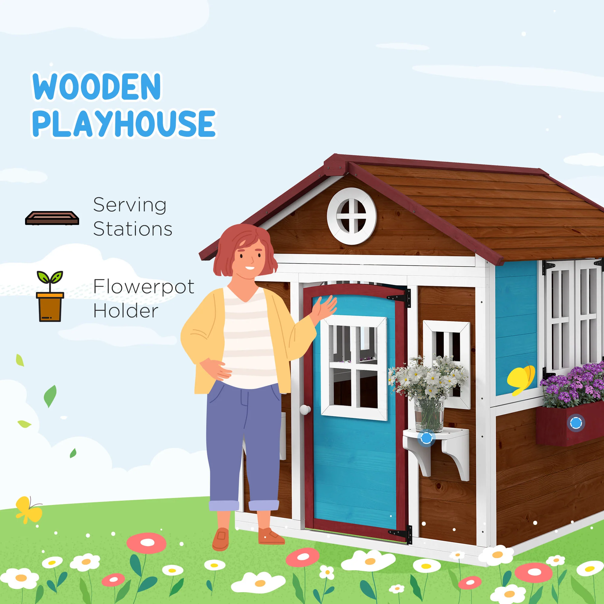 Outsunny Wooden Playhouse with Doors, Wooden, Plant Pots for Kids - Dark Brown - Image 3