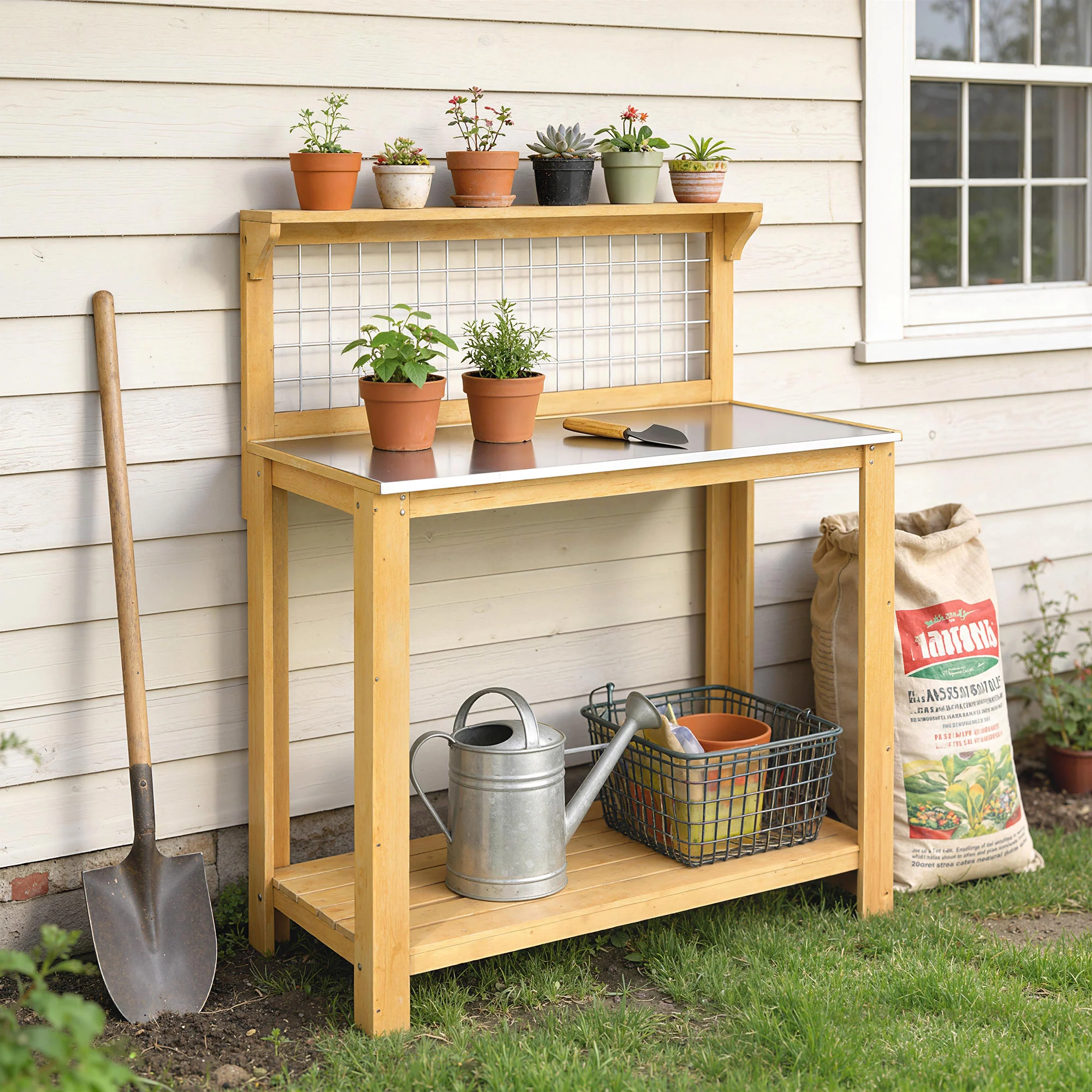 Outsunny Wooden Potting Bench Table with Aluminium Worktop - Image 2