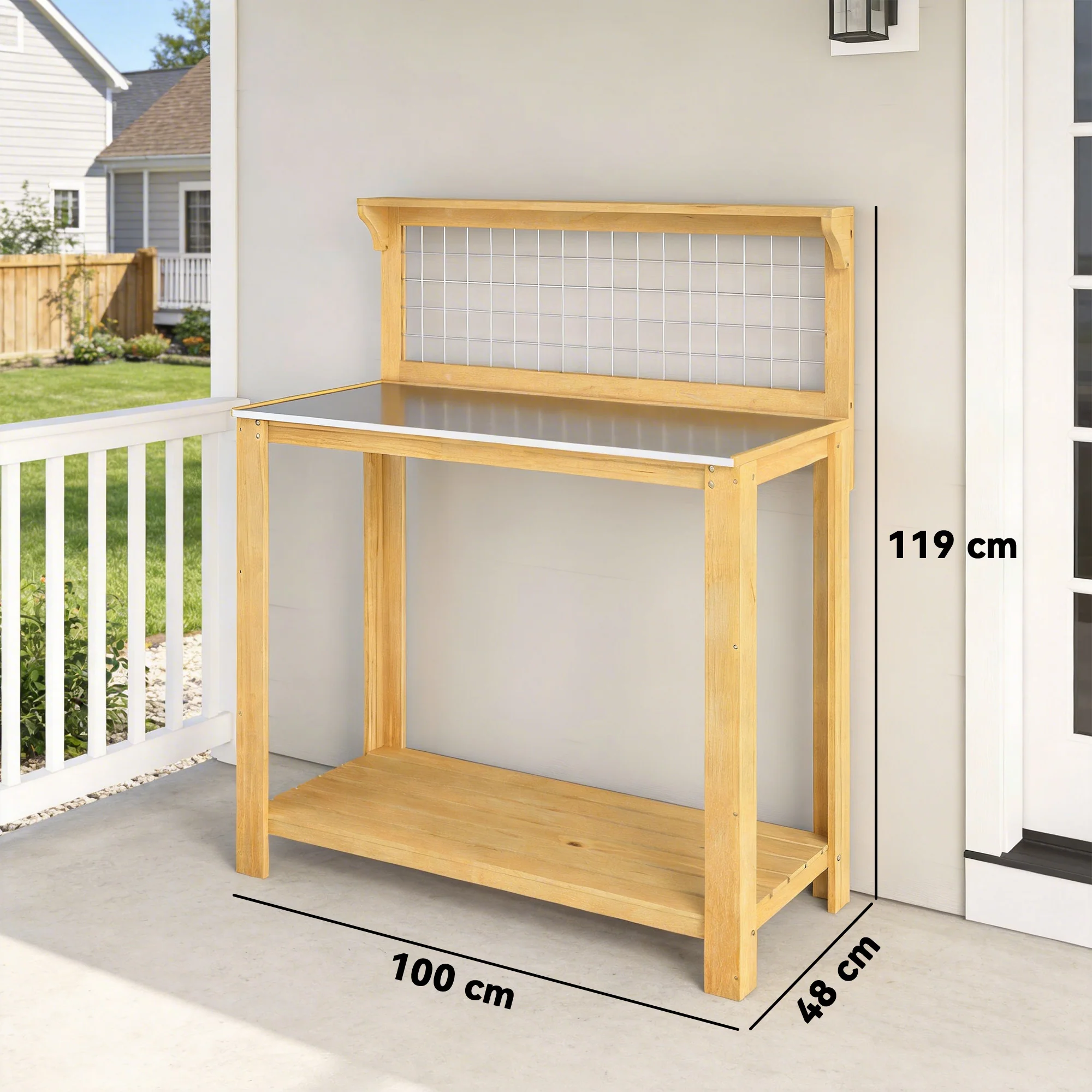 Outsunny Wooden Potting Bench Table with Aluminium Worktop - Image 3