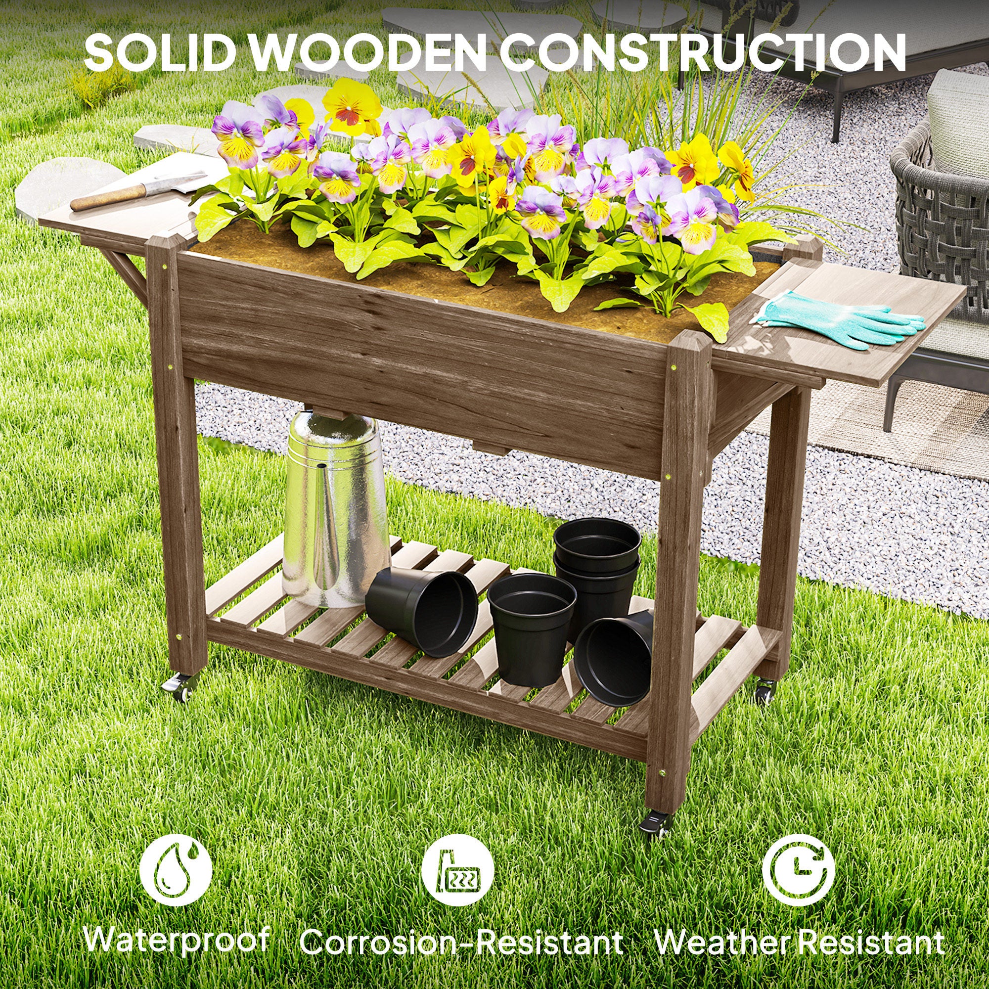 Outsunny Wooden Raised Planter With Lockable Wheels, Liner, Carbonised - Image 17