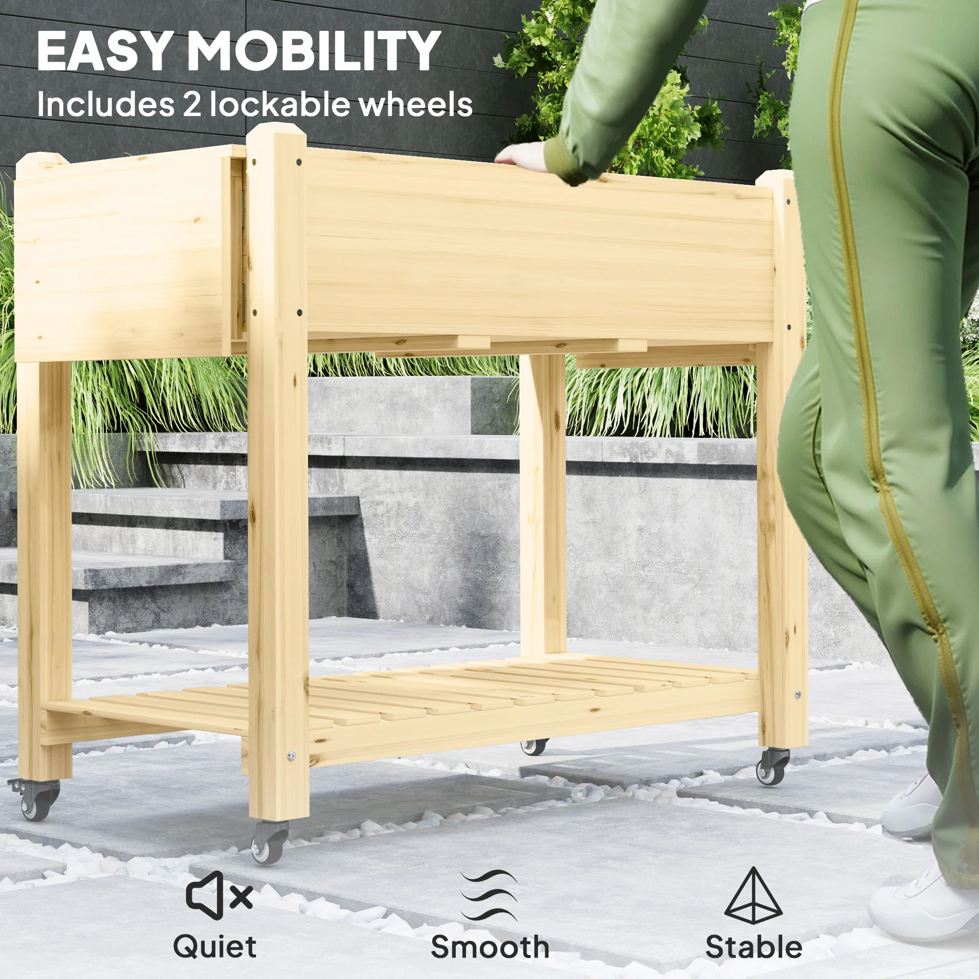 Outsunny Wooden Raised Planter With Lockable Wheels, Liner, Carbonised - Image 4
