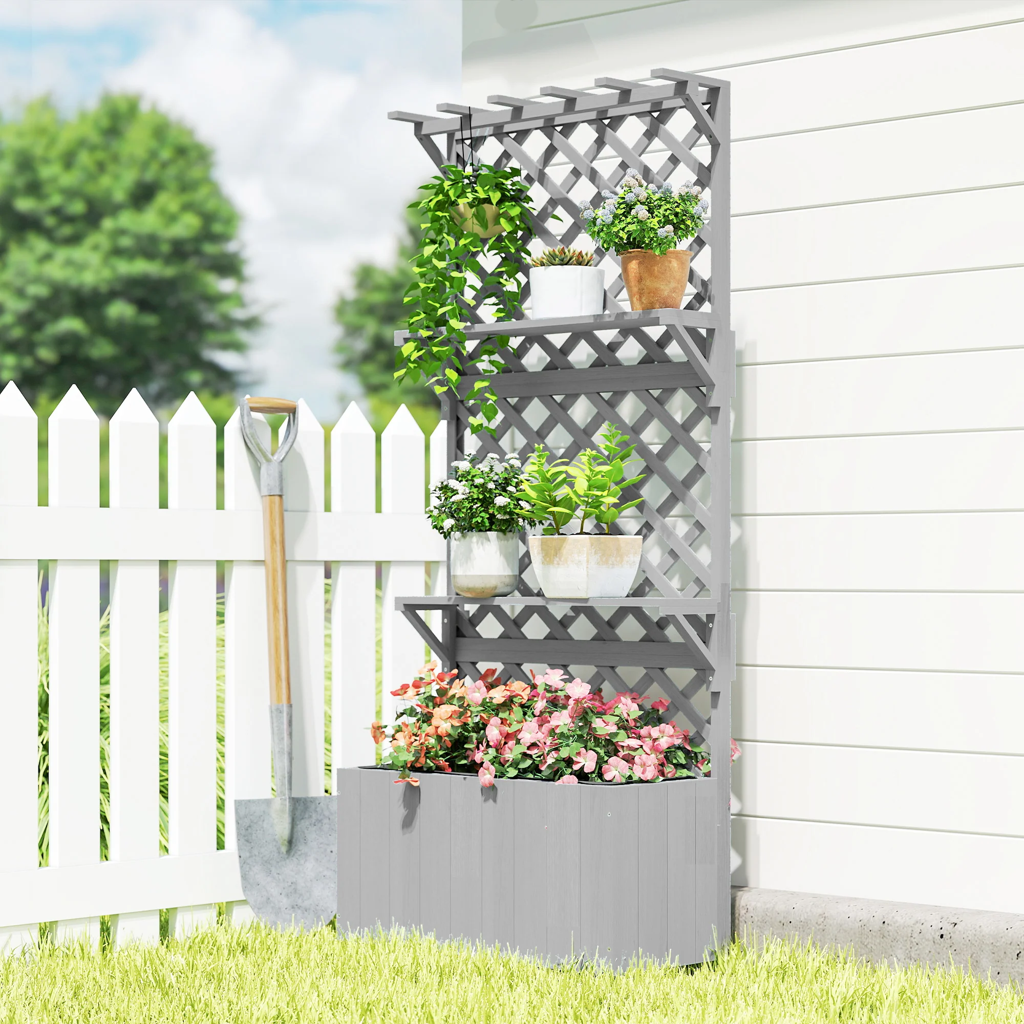 Outsunny Wooden Raised Planter with Trellis and 2 Shelves, Grey - Image 9