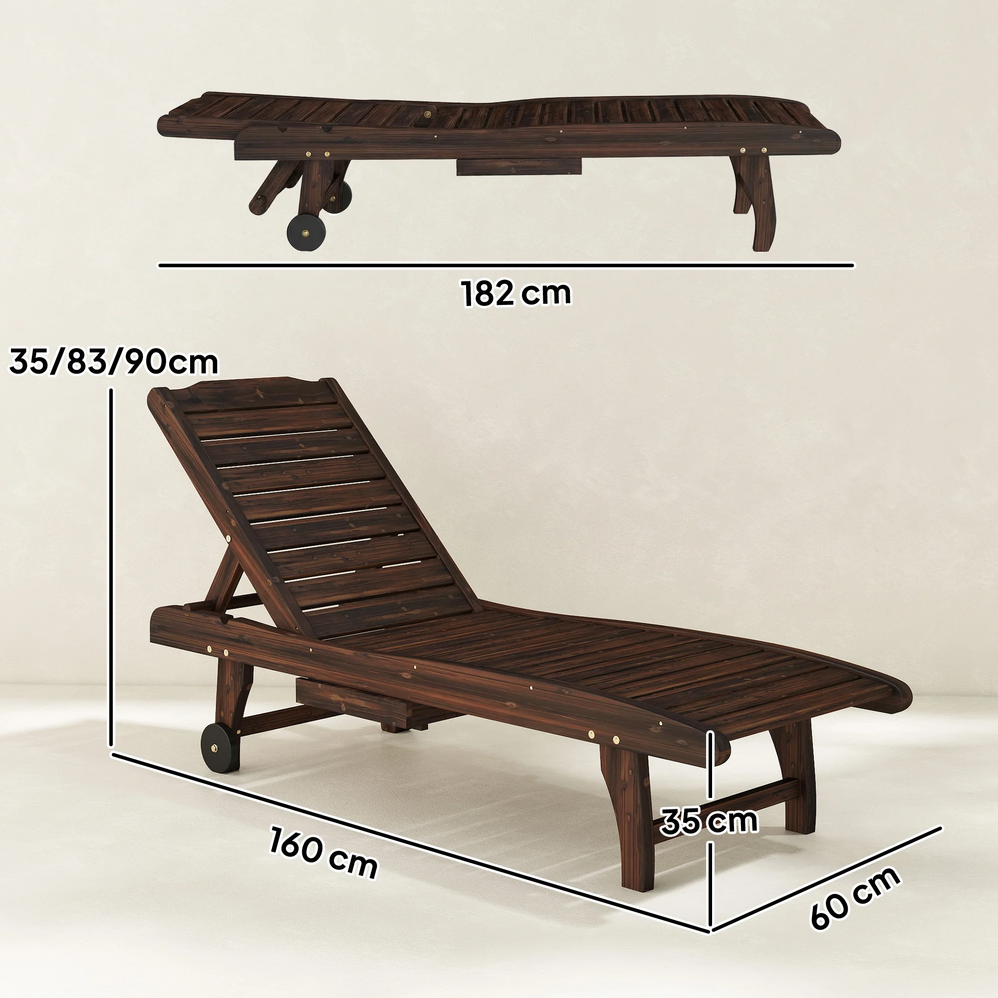 Outsunny Wooden Sun Lounger Outdoor Patio Sun Bed W/ Pull-out Table - Image 5