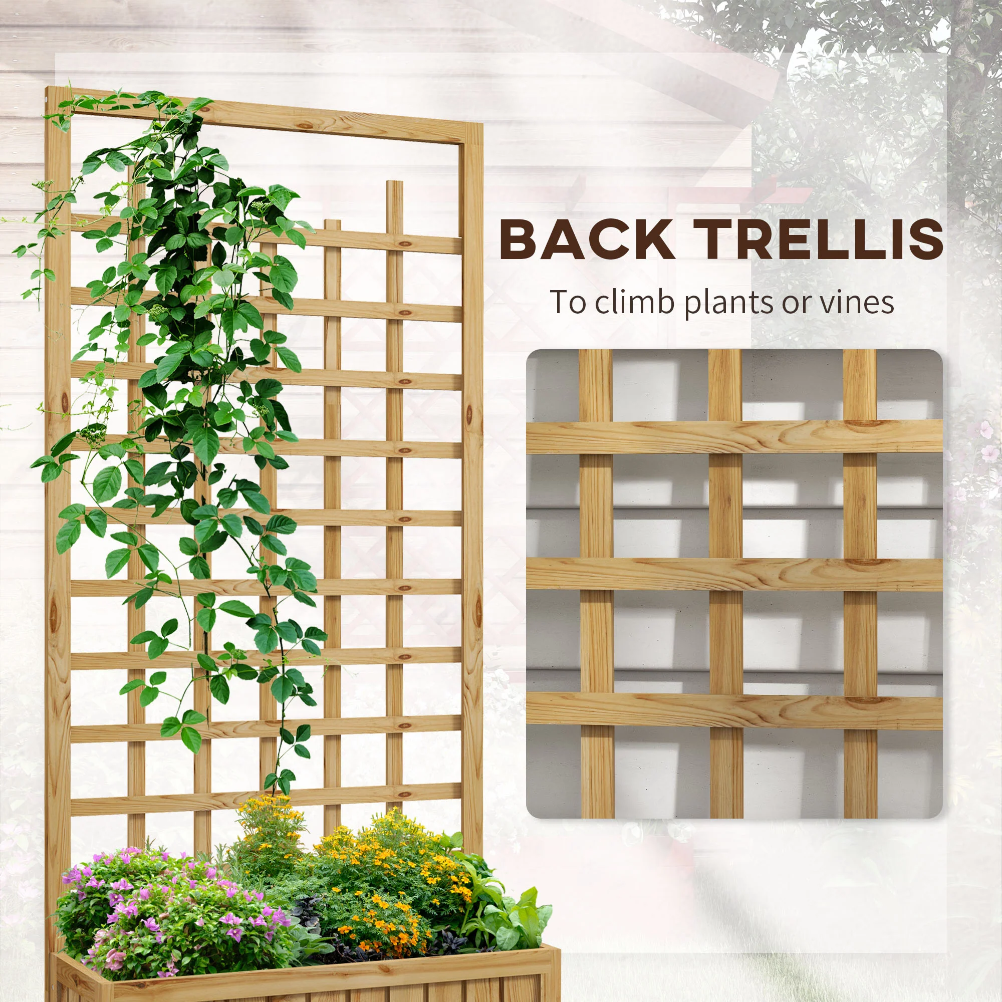 Outsunny Wooden Trellis Planter, Raised Garden Bed with Wheels and Bed Liner - Image 3
