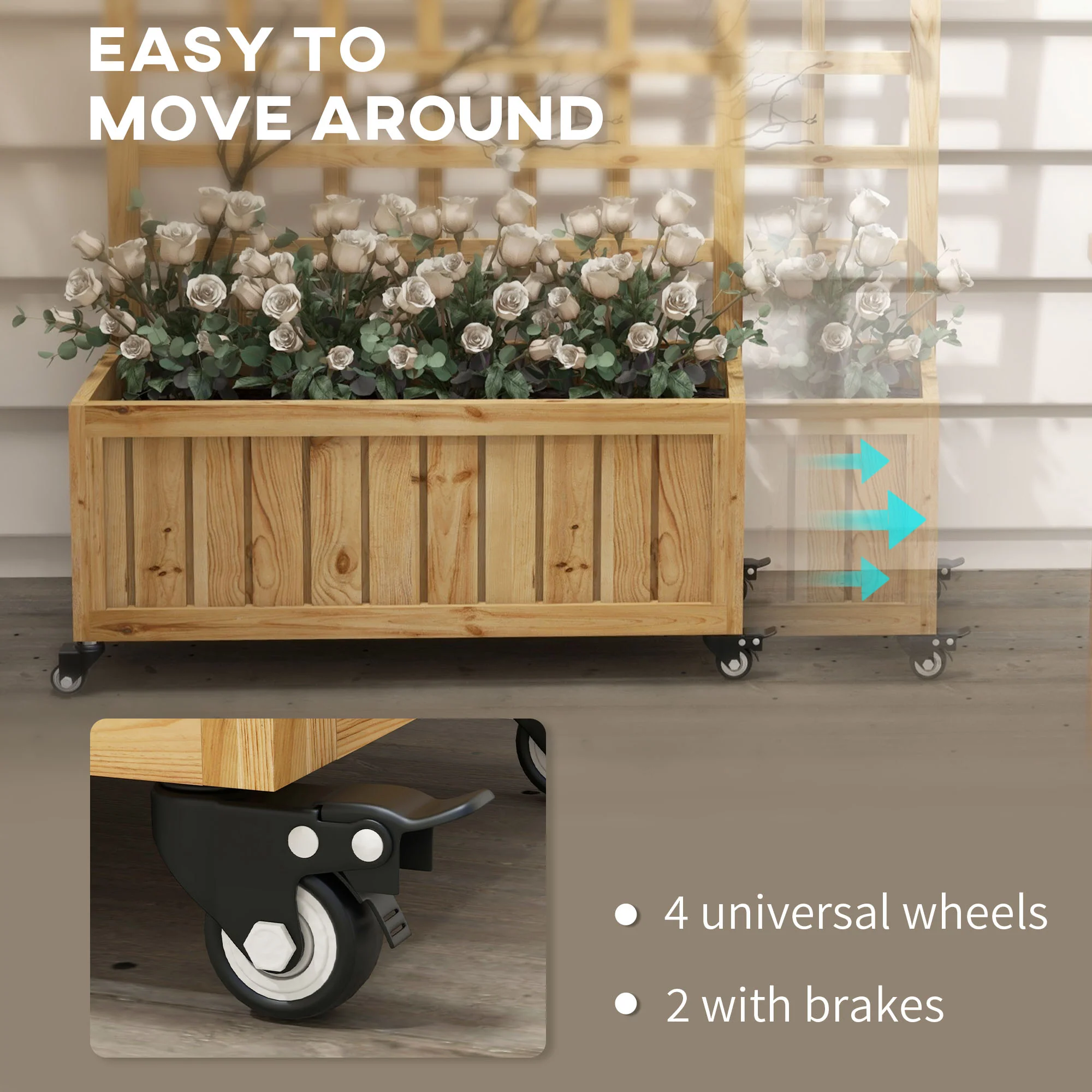 Outsunny Wooden Trellis Planter, Raised Garden Bed with Wheels and Bed Liner - Image 6
