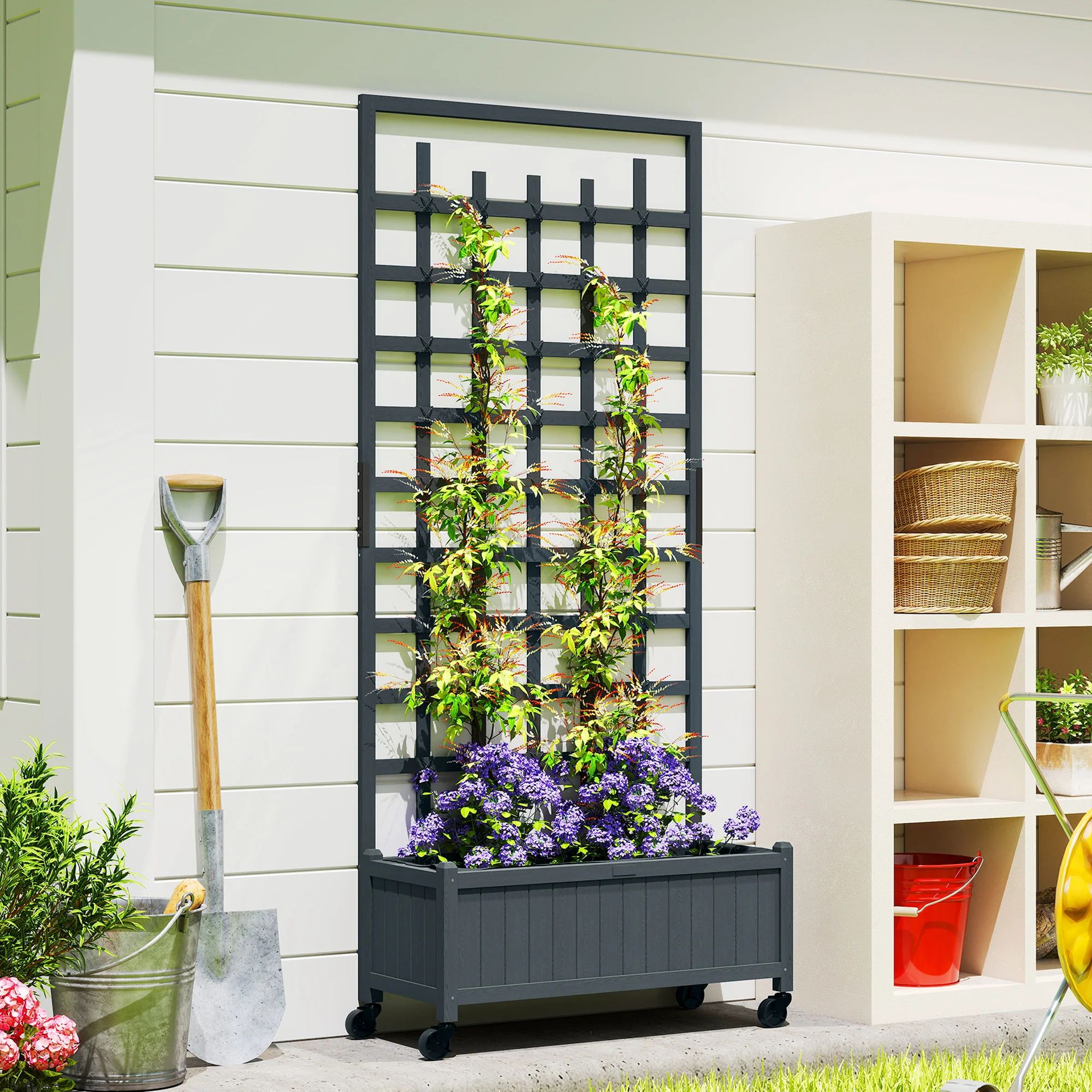 Outsunny Wooden Trellis Planter, Raised Garden Bed with Wheels, Grey - Image 2