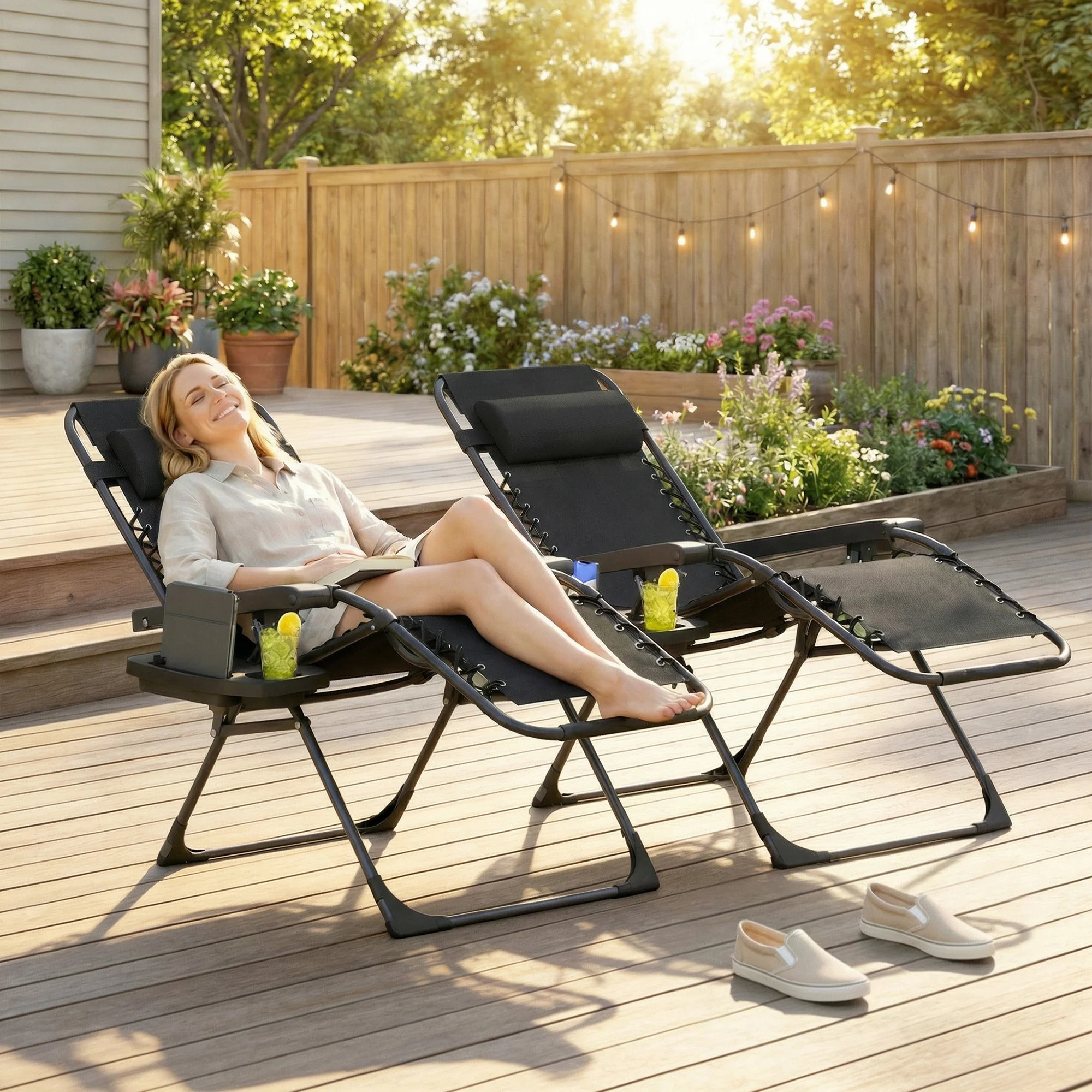 Outsunny Zero Gravity Chairs Set of 2 with Cup Holder, Headrest, Black - Image 2