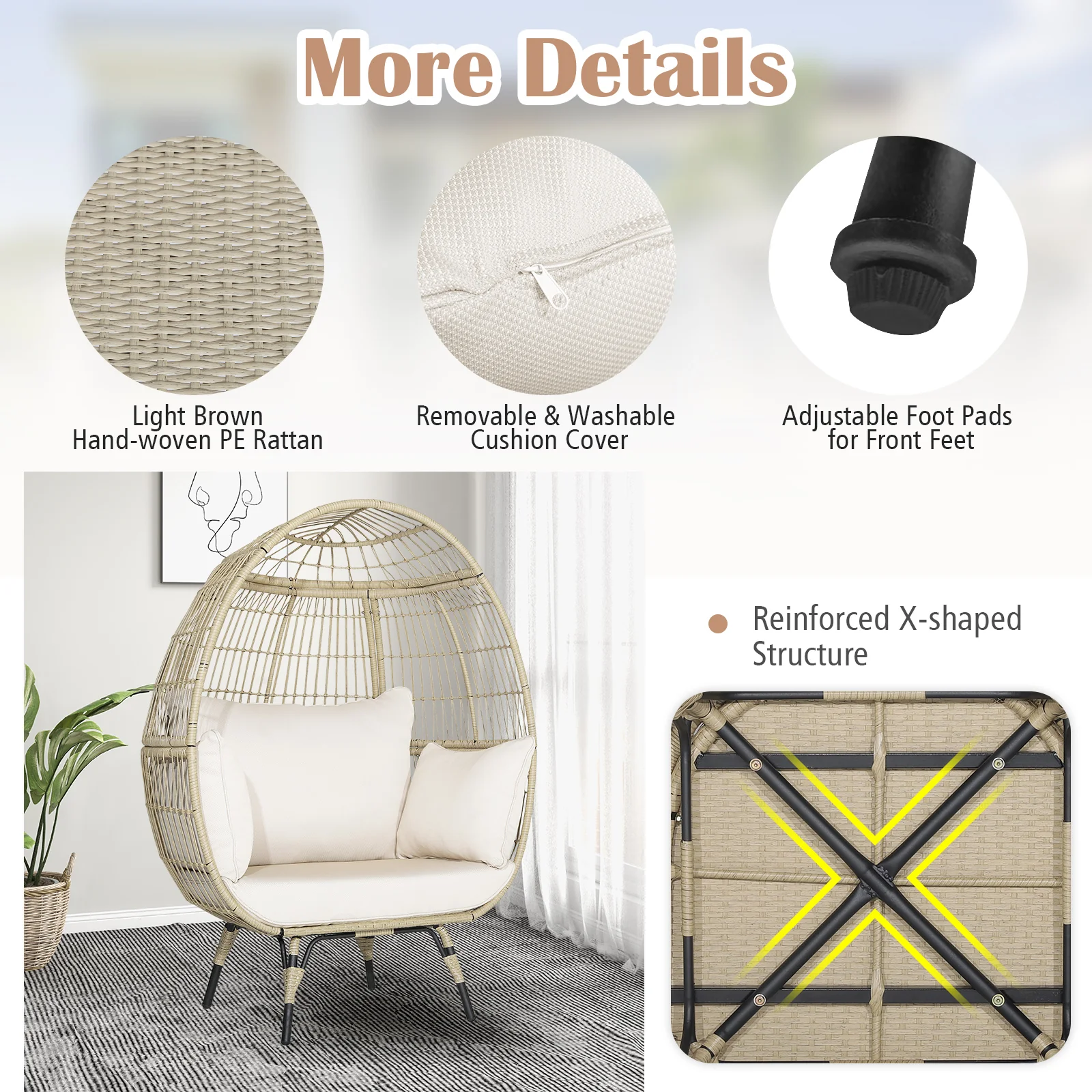 Oversized Rattan Egg Chair With 4 Cushions For Balcony Backyard - Image 8