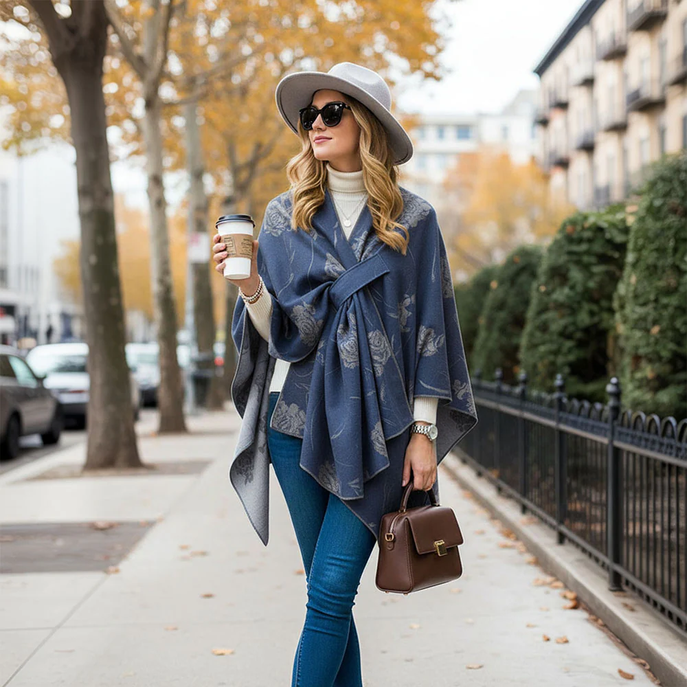 Oversized Shawl Wrap - Navy Blue Floral - Image 2