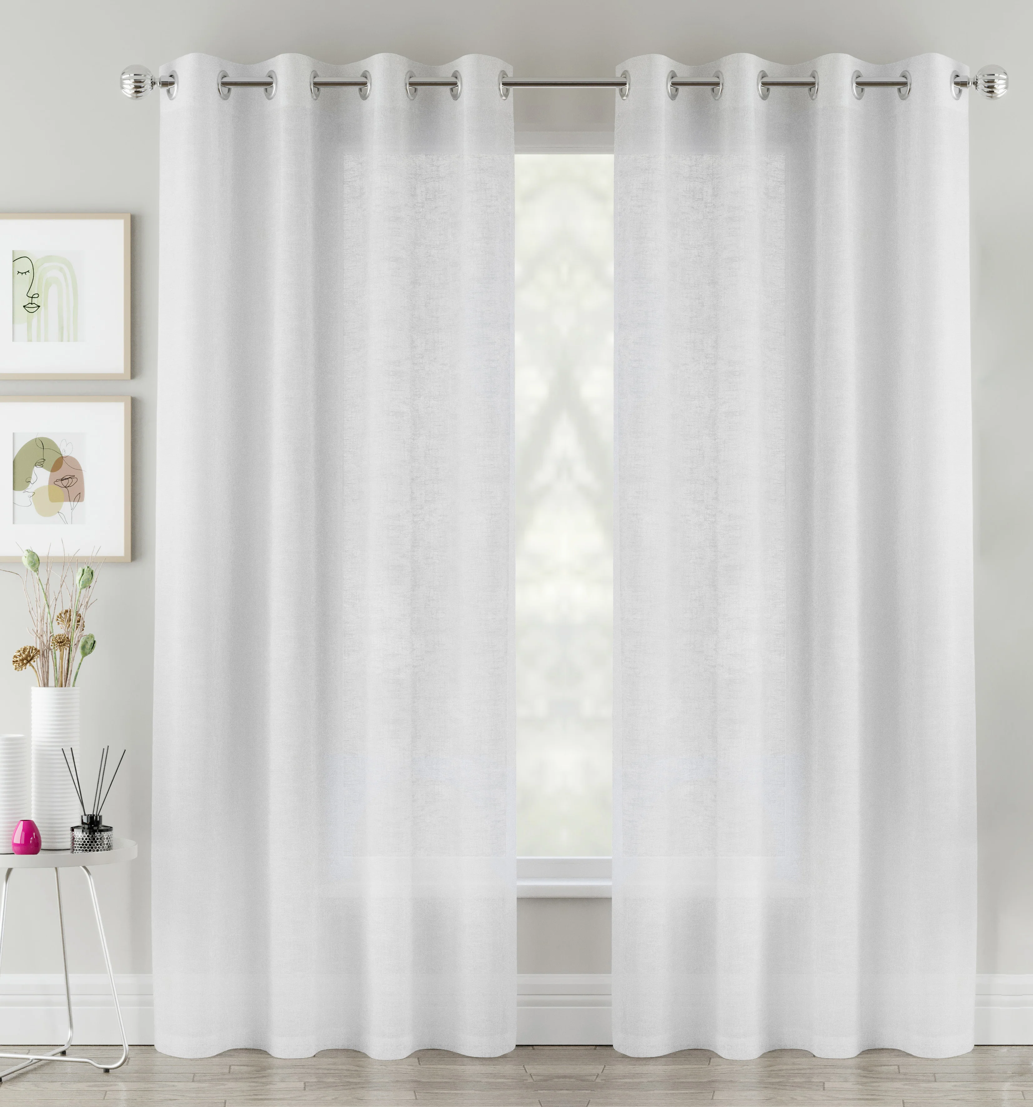 Pair of Crete White Luxury Linen Look Sheer Panels with Eyelet Header - Image 5