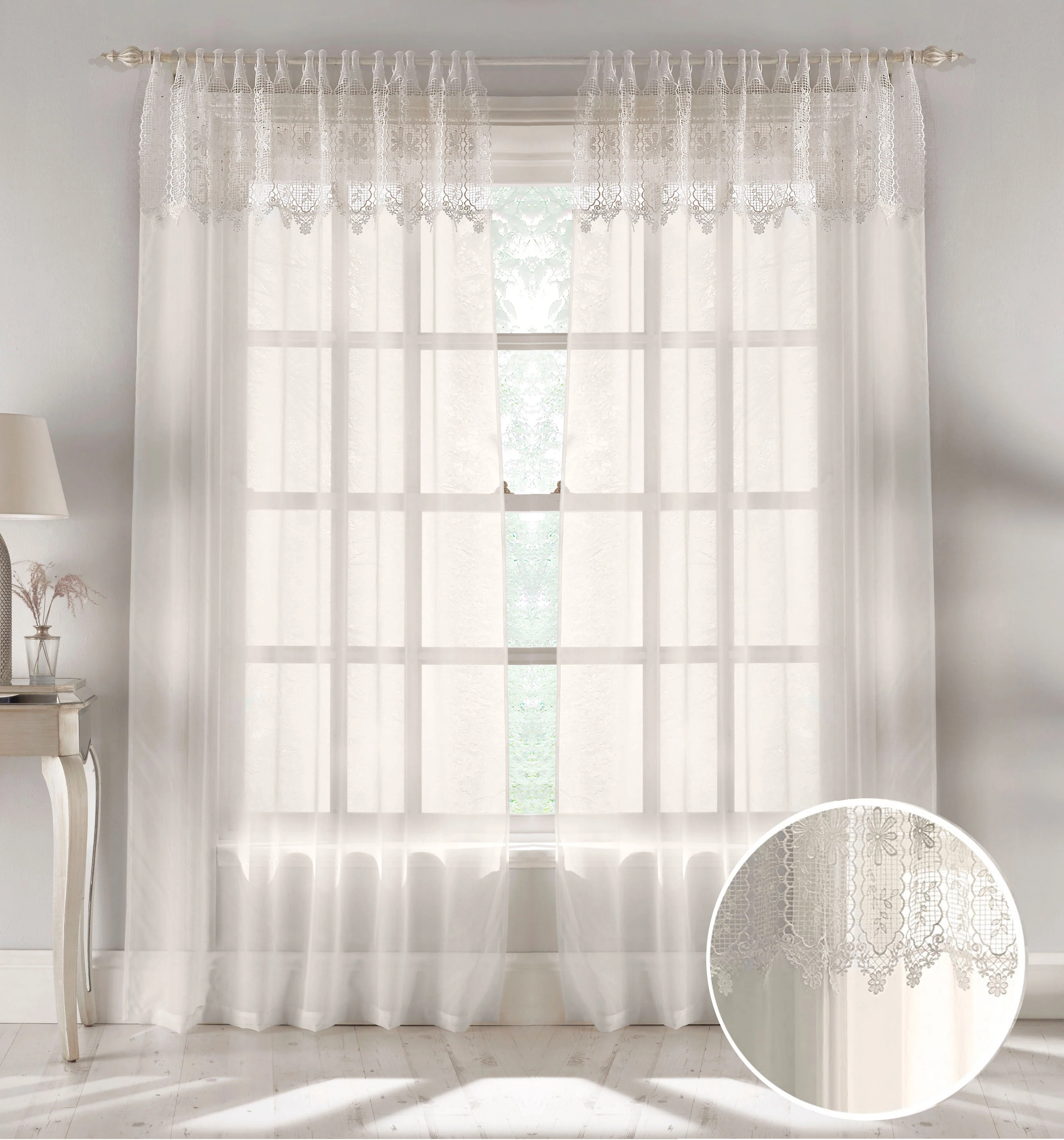 Pair Of Kensington Natural Floral Macram Top Panels On A Crush Voile Base 145x229CM