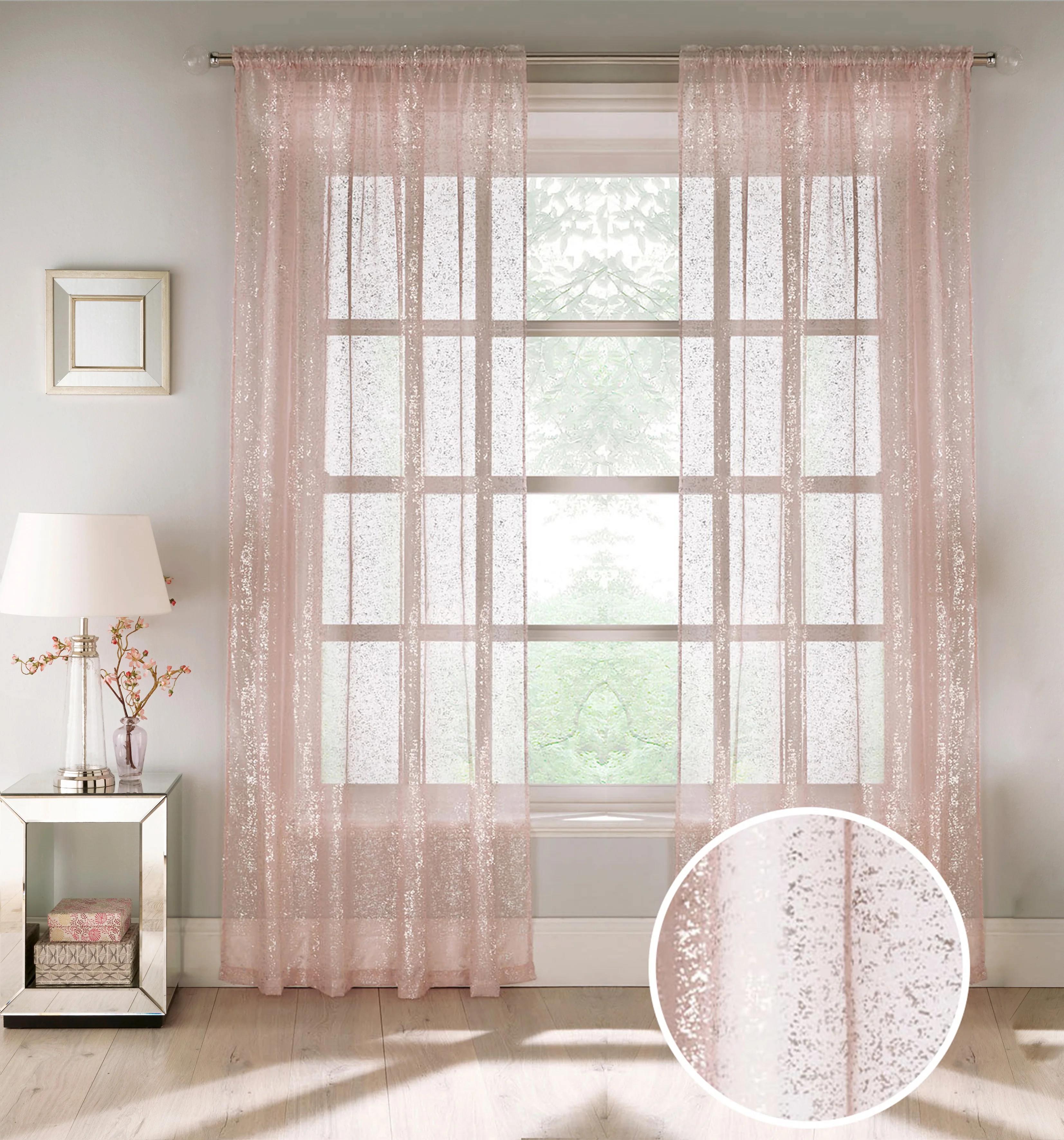 Pair of Pandora Blush Glittery Metallic Print Panel with Rod Pocket Header