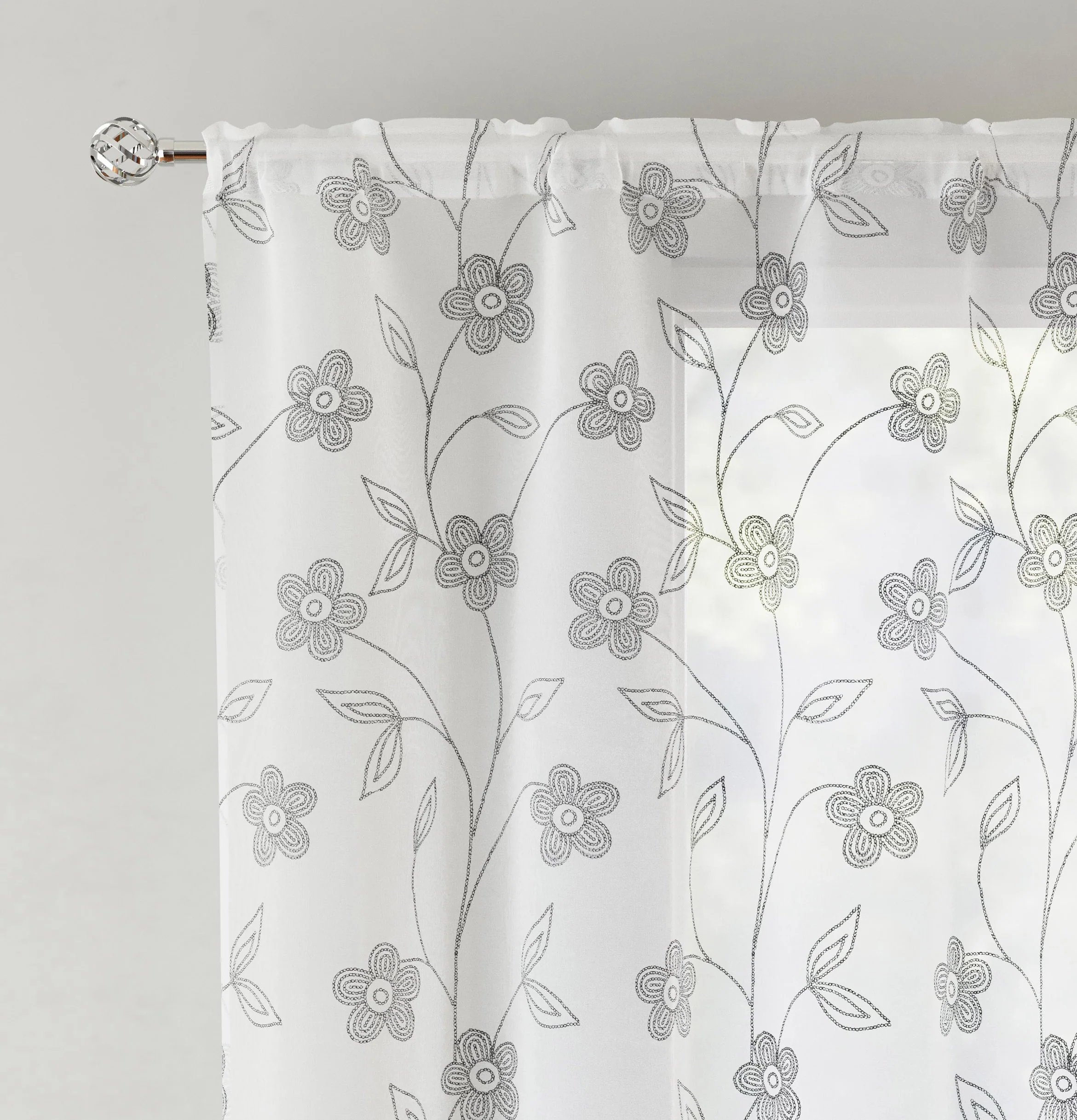 Pair of Sienna Grey Floral Paste Print Patterned Voile Panels with Rod Pocket Header - Image 2
