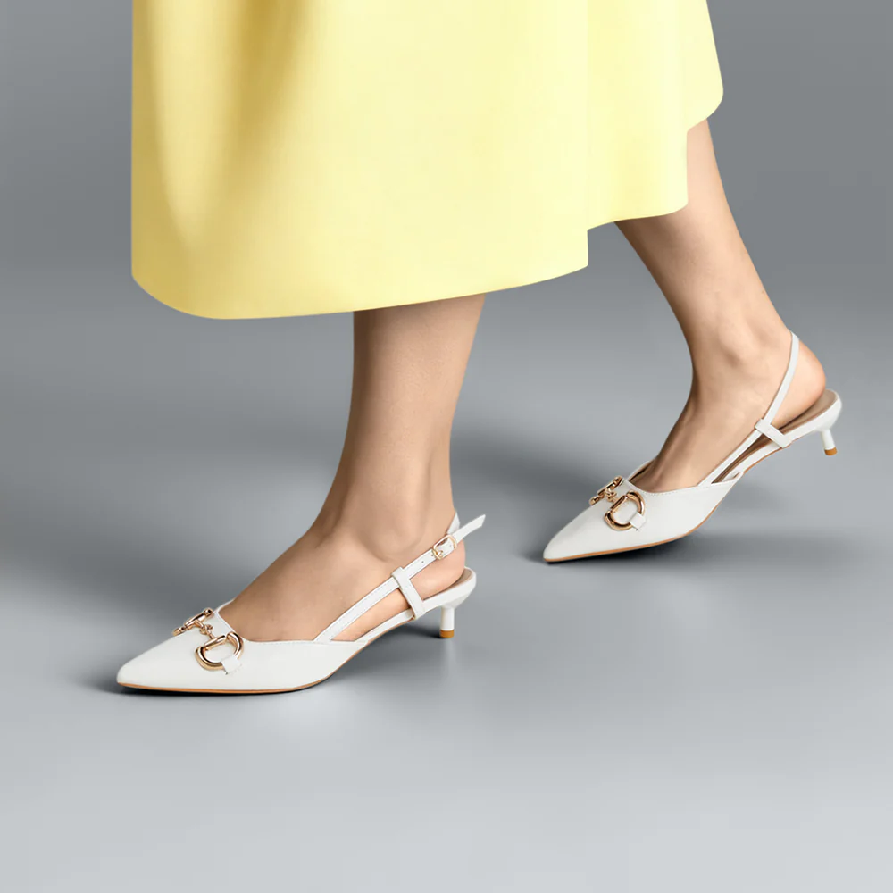 Pair Of Solid Pointed Slingback Pumps Kitten Heels - White