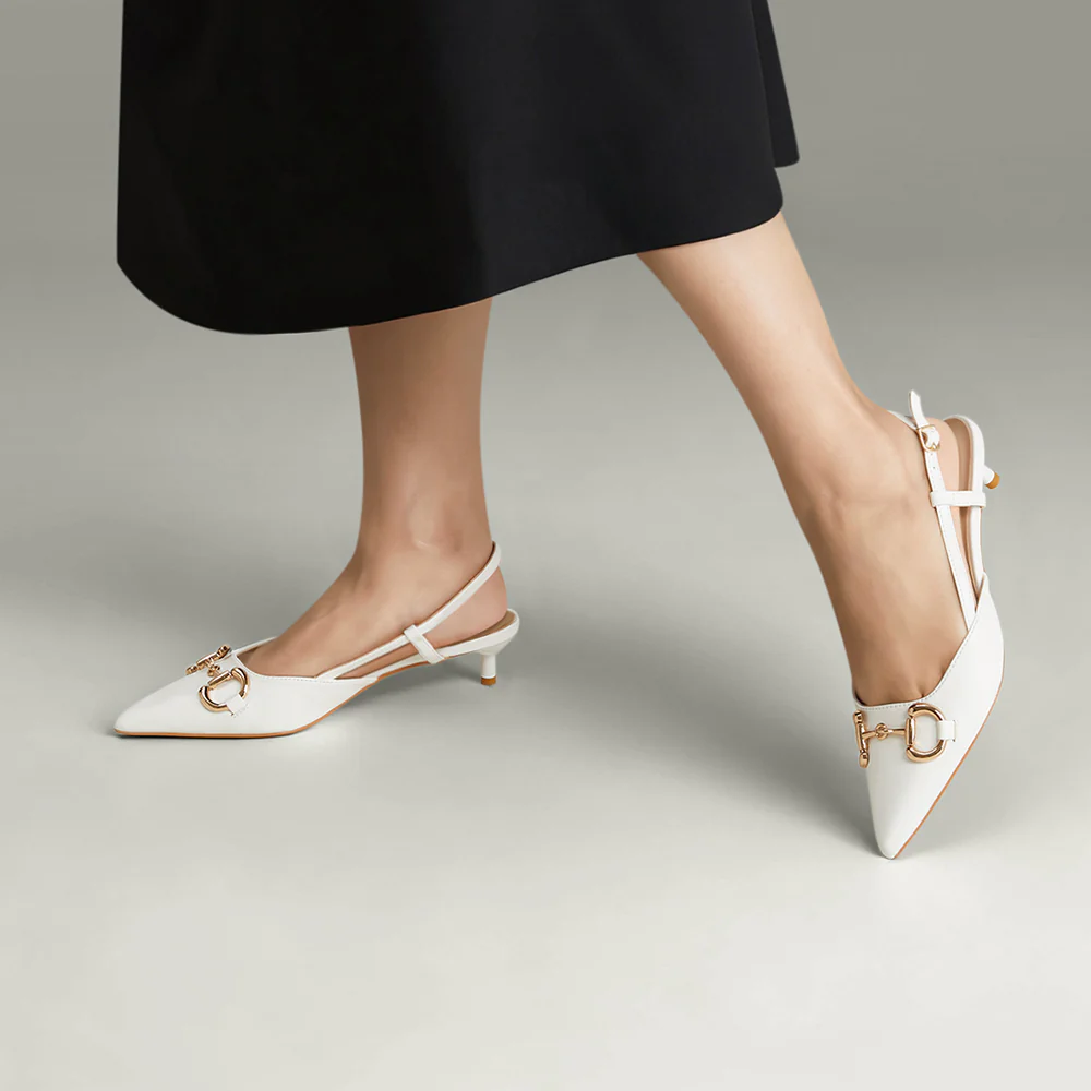 Pair Of Solid Pointed Slingback Pumps Kitten Heels - White - Image 2