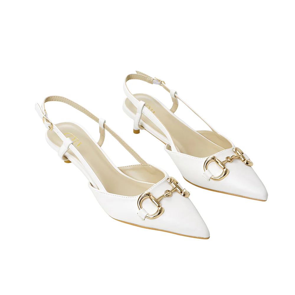 Pair Of Solid Pointed Slingback Pumps Kitten Heels - White - Image 3