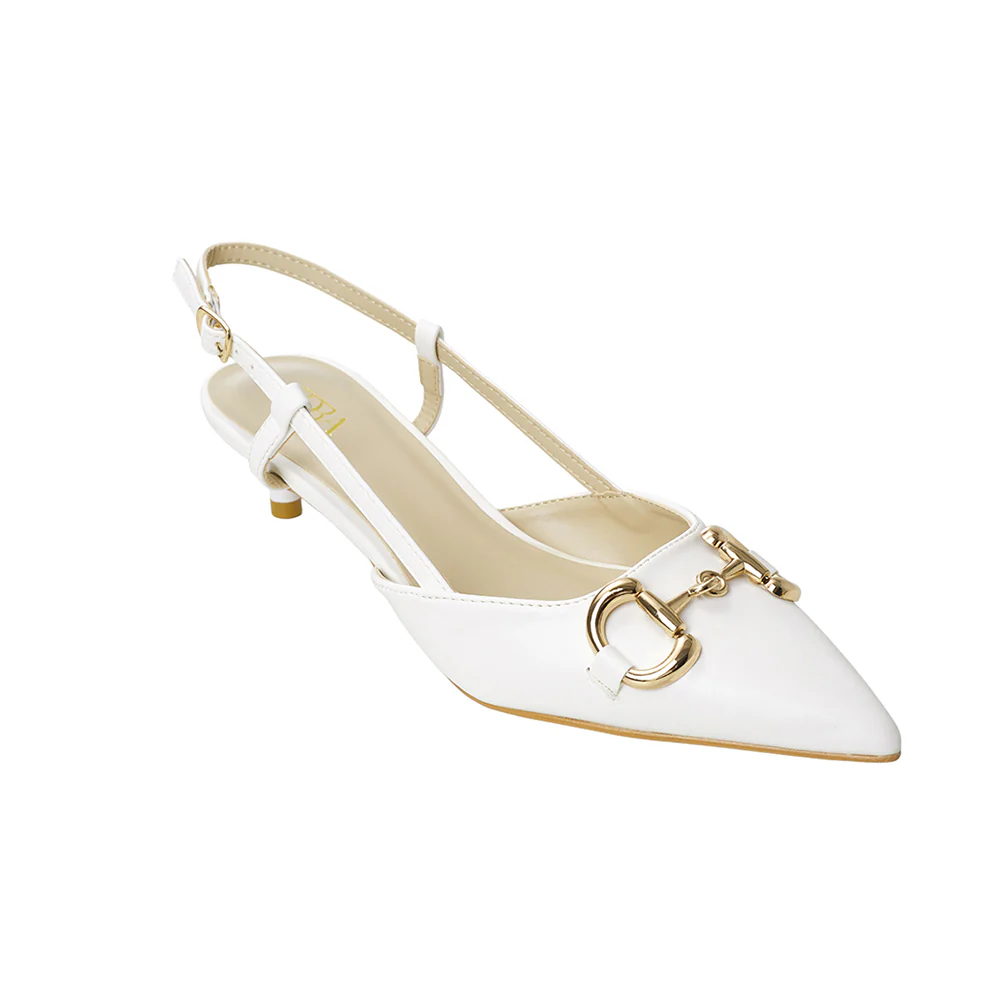 Pair Of Solid Pointed Slingback Pumps Kitten Heels - White - Image 4