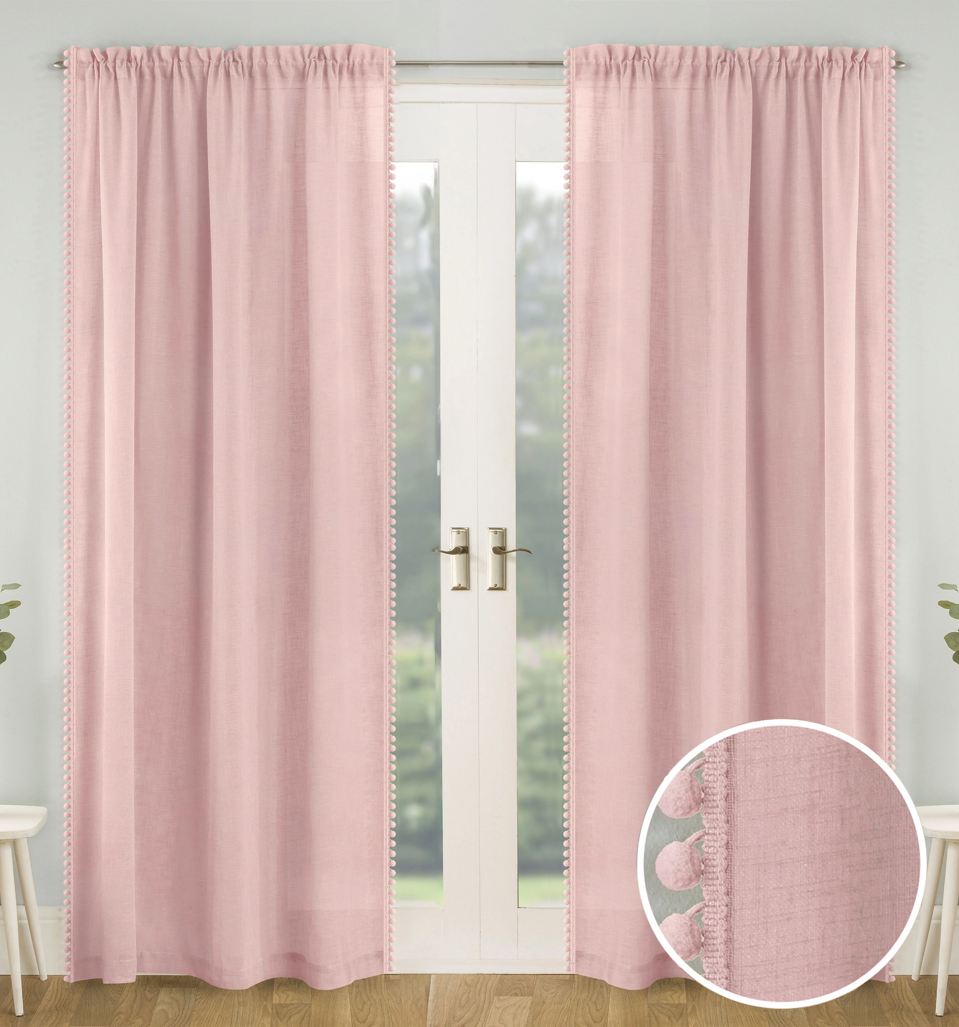 Pair Of Tahiti Blush Pom-Pom Trim Linen Look Voile Panels With Rod Pocket Header 137 CMS