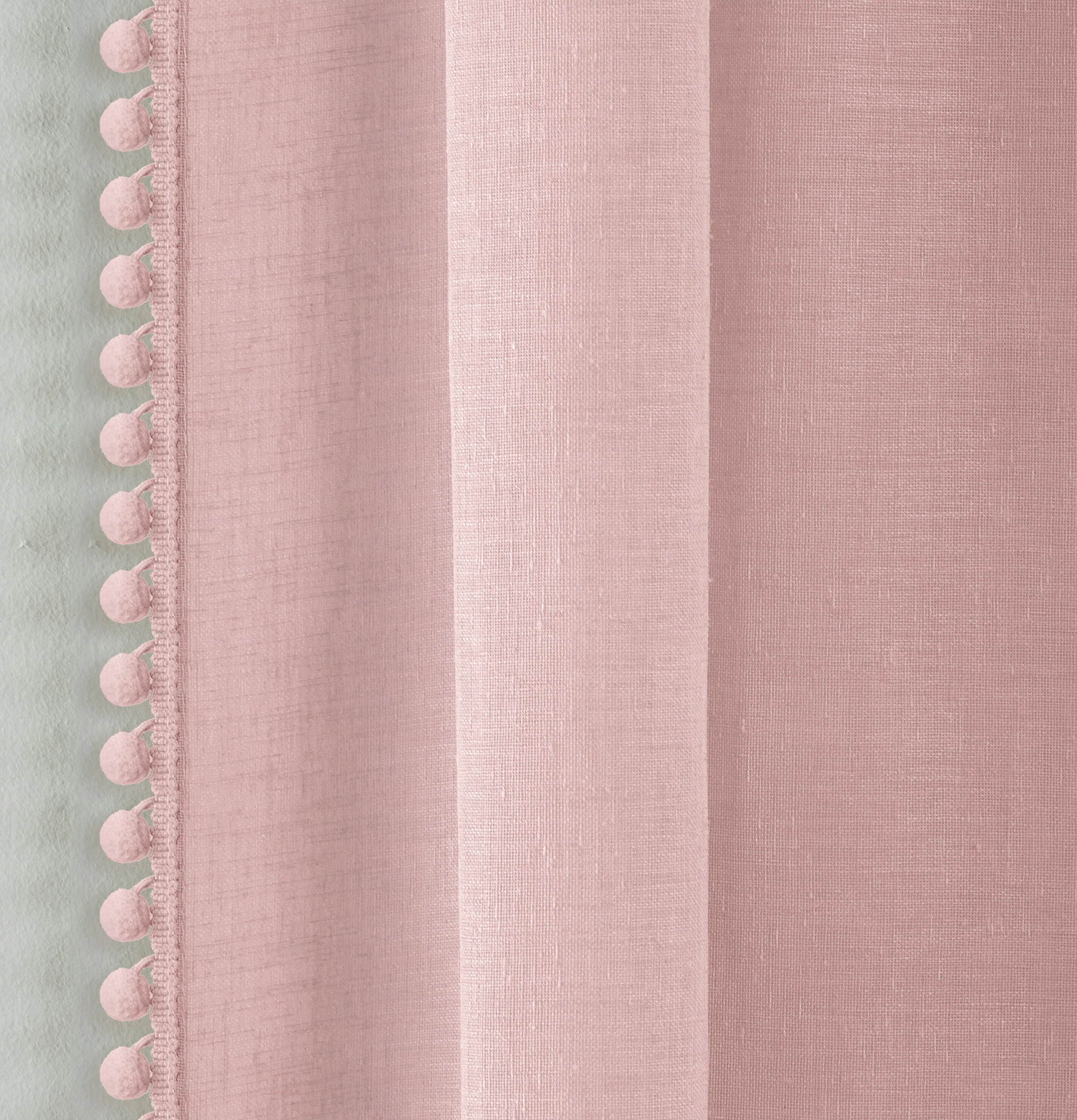 Pair Of Tahiti Blush Pom-Pom Trim Linen Look Voile Panels With Rod Pocket Header 137 CMS - Image 3