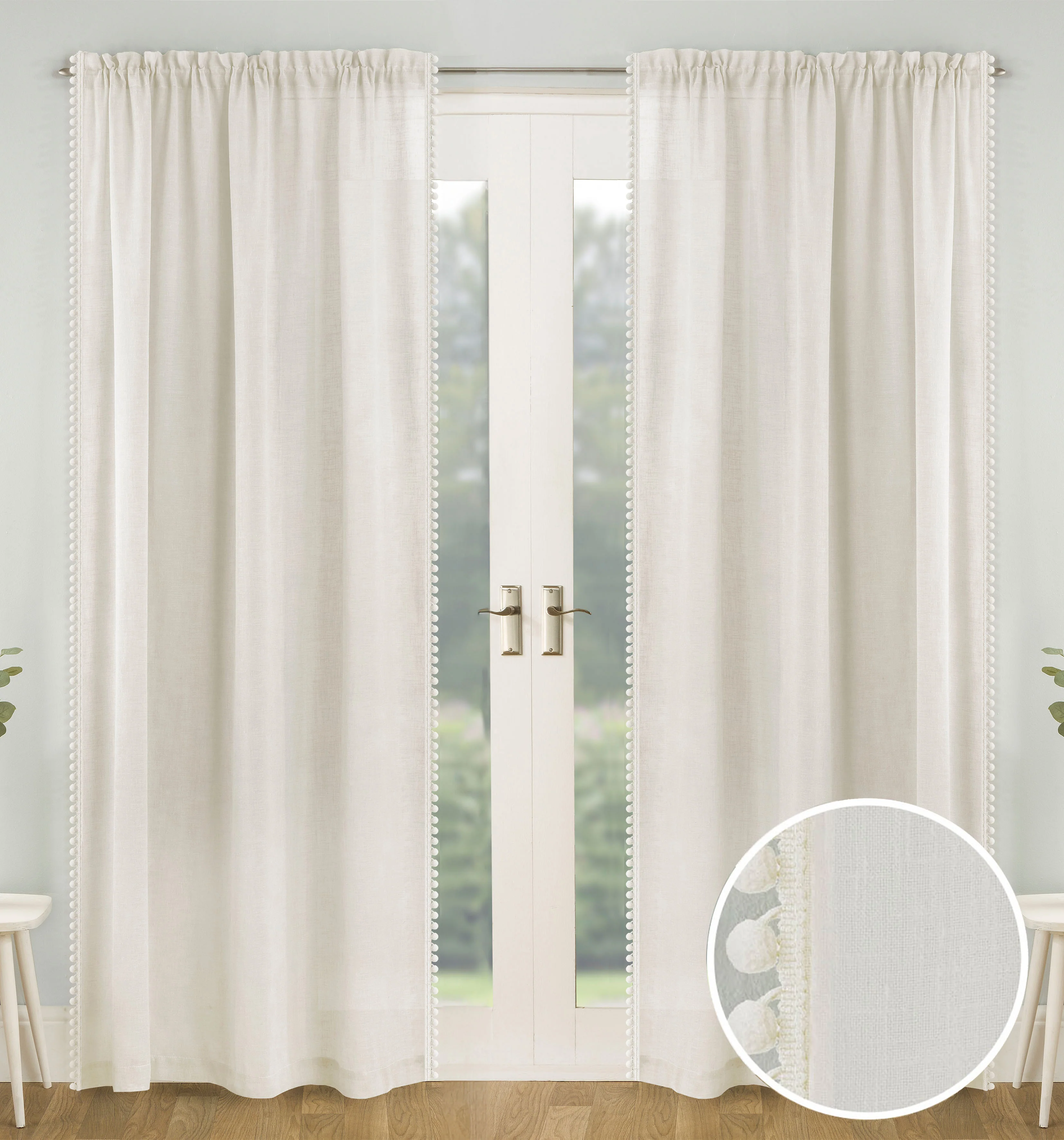 Pair Of Tahiti Cream Pom-Pom Trim Linen Look Voile Panels With Rod Pocket Header