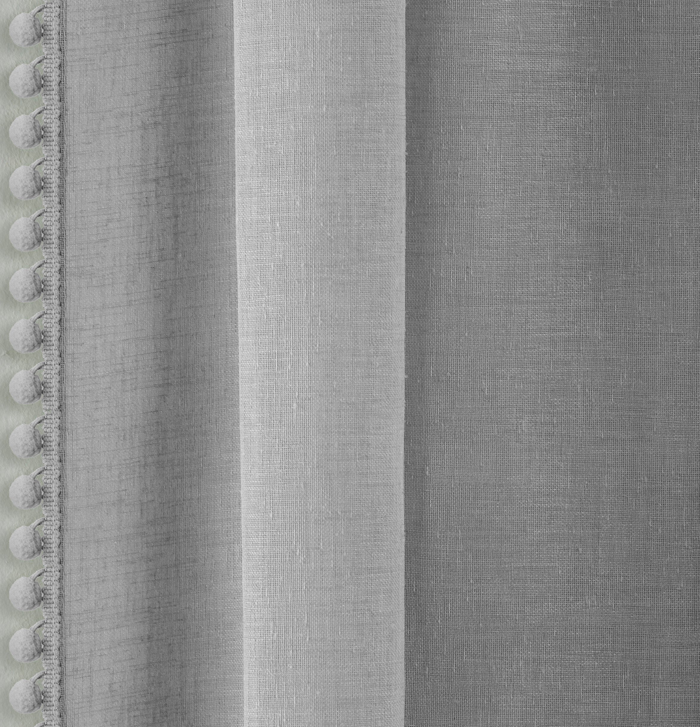 Pair Of Tahiti Grey Pom-Pom Trim Linen Look Voile Panels With Rod Pocket Header - Image 3